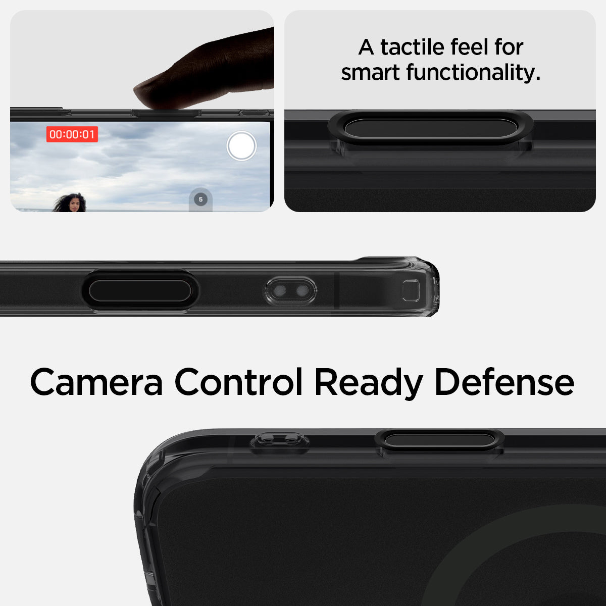 ACS09074 - iPhone 16 Case Ultra Hybrid T (MagFit + Camera Control) in Frost Black showing a tactile feel for smart functionality, camera control ready defense