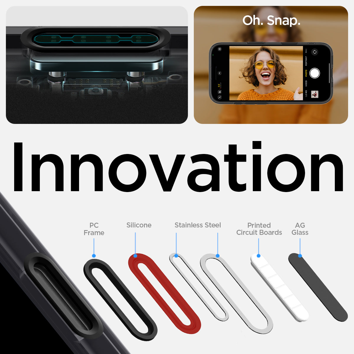 ACS09074 - iPhone 16 Case Ultra Hybrid T (MagFit + Camera Control) in Frost Black showing the innovation. Parts of the button: PC Frame, Silicone Stainless Steel, Printed Circuit Boards and AG Glass