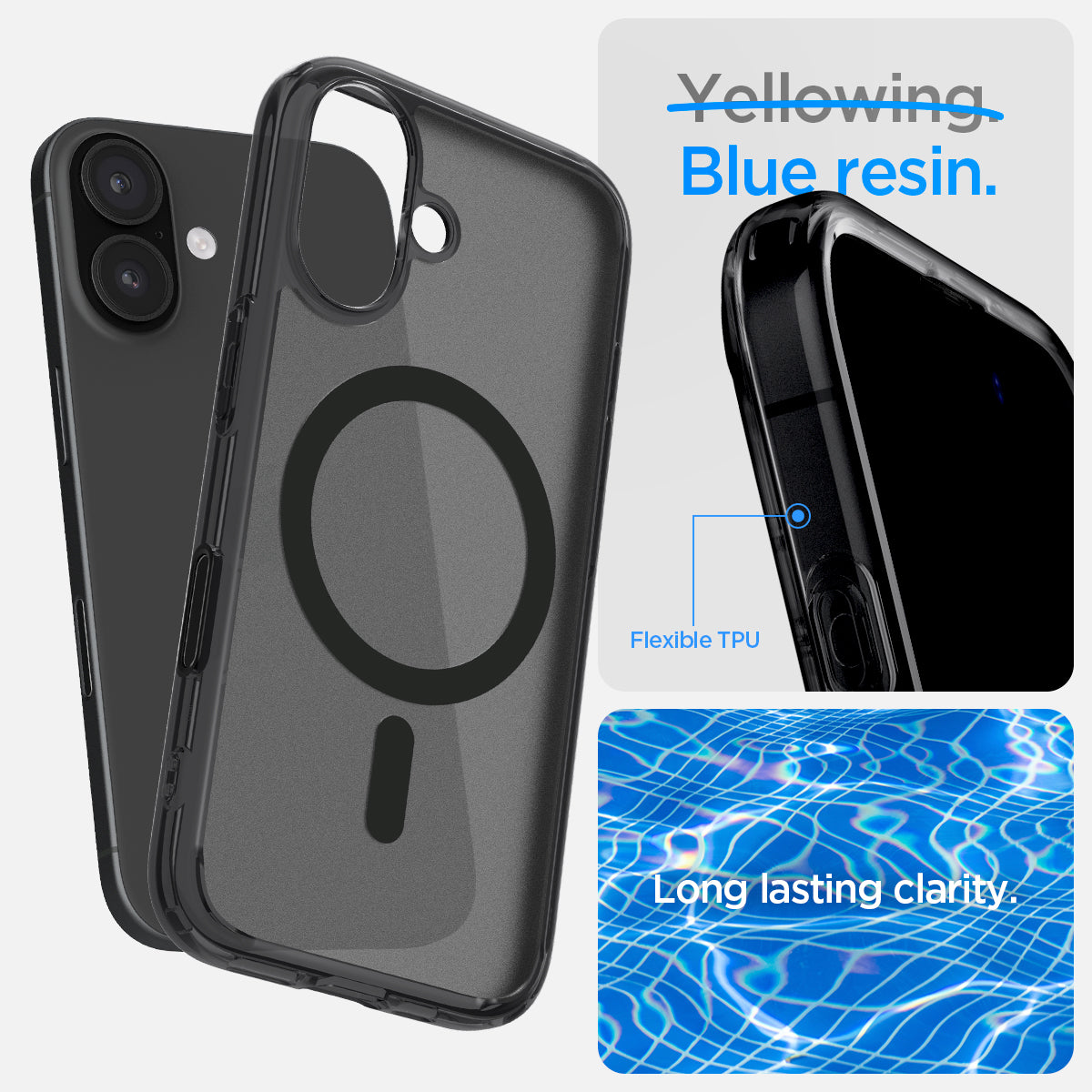 ACS09074 - iPhone 16 Case Ultra Hybrid T (MagFit + Camera Control) in Frost Black showing it infused with blue resin for long lasting clarity