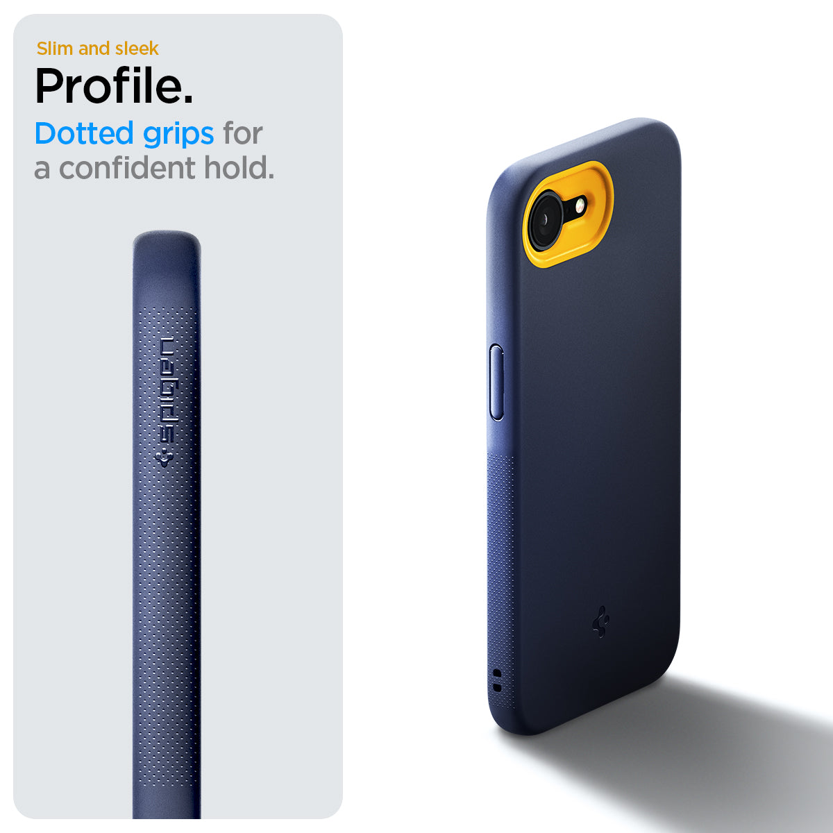 ACS09154 - iPhone 16e Case Nano Pop (MagFit) in Blueberry Navy showing the slim and sleek profile. Dotted grips for a confident hold