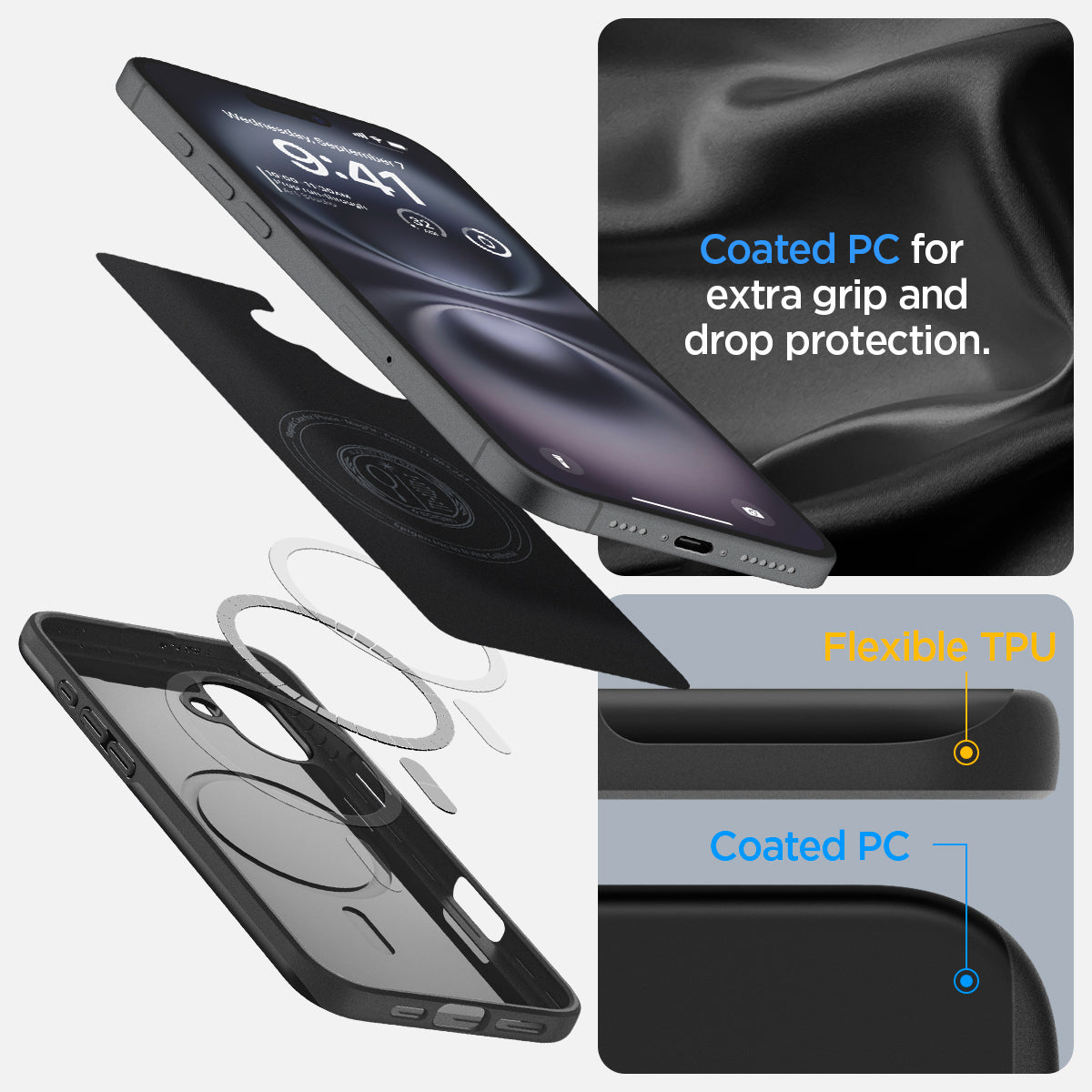 ACS08060 - iPhone 16 Plus Case Thin Fit (MagFit) in Black coated PC for extra grip and drop protection