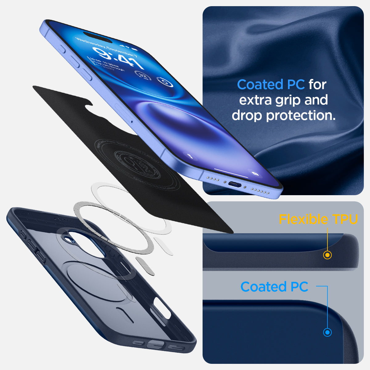 ACS08061 - iPhone 16 Plus Case Thin Fit (MagFit) in Navy Blue coated PC for extra grip and drop protection