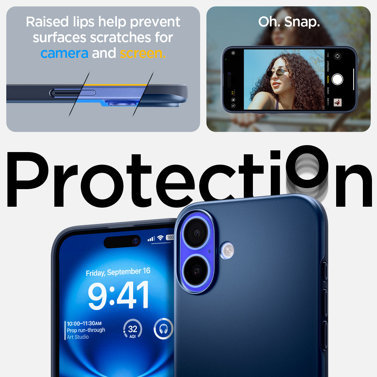 ACS08061 - iPhone 16 Plus Case Thin Fit (MagFit) in Navy Blue raised lips help prevent surfaces scratches for camera and screen. oh snap. protection.