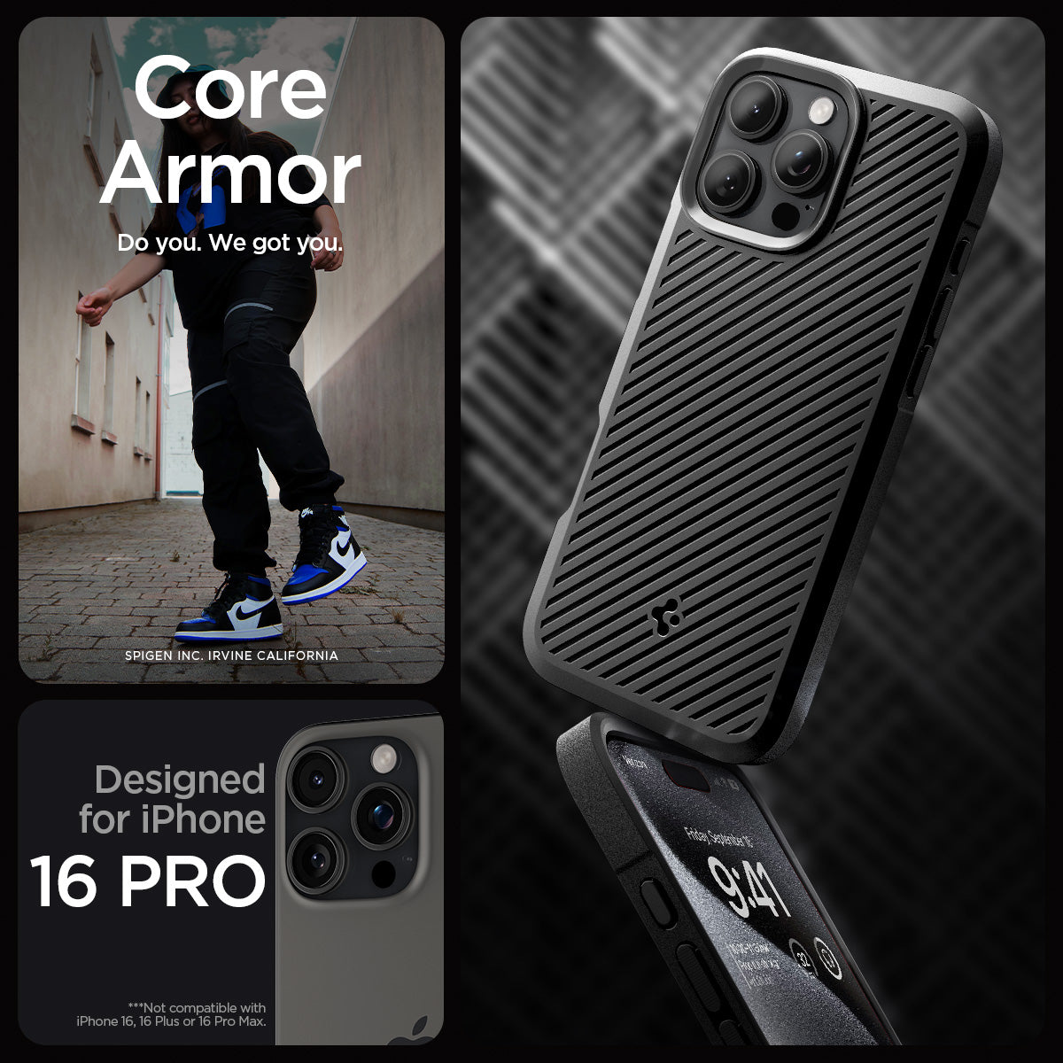 ACS08157 - iPhone 16 Pro Case Core Armor in Matte Black showing the compatibility with iPhone 146 Pro Max. Not compatible with iPhone 16, 16 Plus or 16 Pro