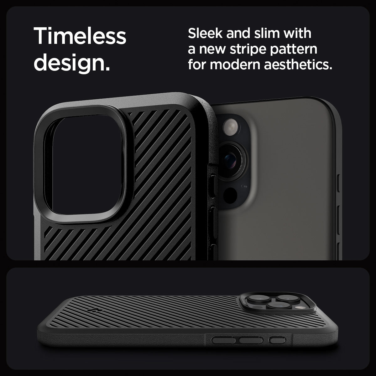 ACS08157 - iPhone 16 Pro Case Core Armor in Matte Black showing the timeless design. Sleek and slim with a new stripe pattern for modern aesthetics