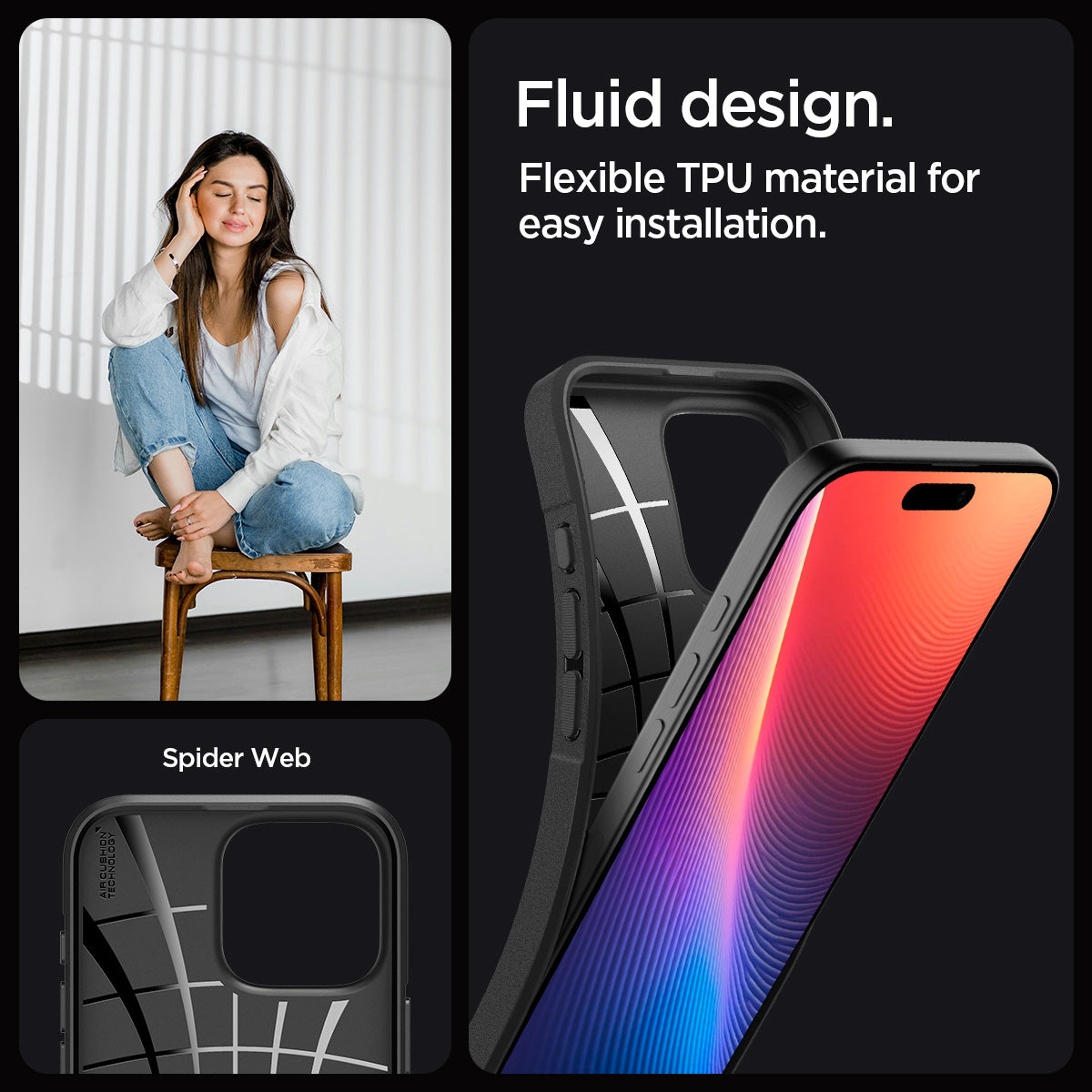 ACS08157 - iPhone 16 Pro Case Core Armor in Matte Black showing the fluid design. Flexible TPU material for easy installation