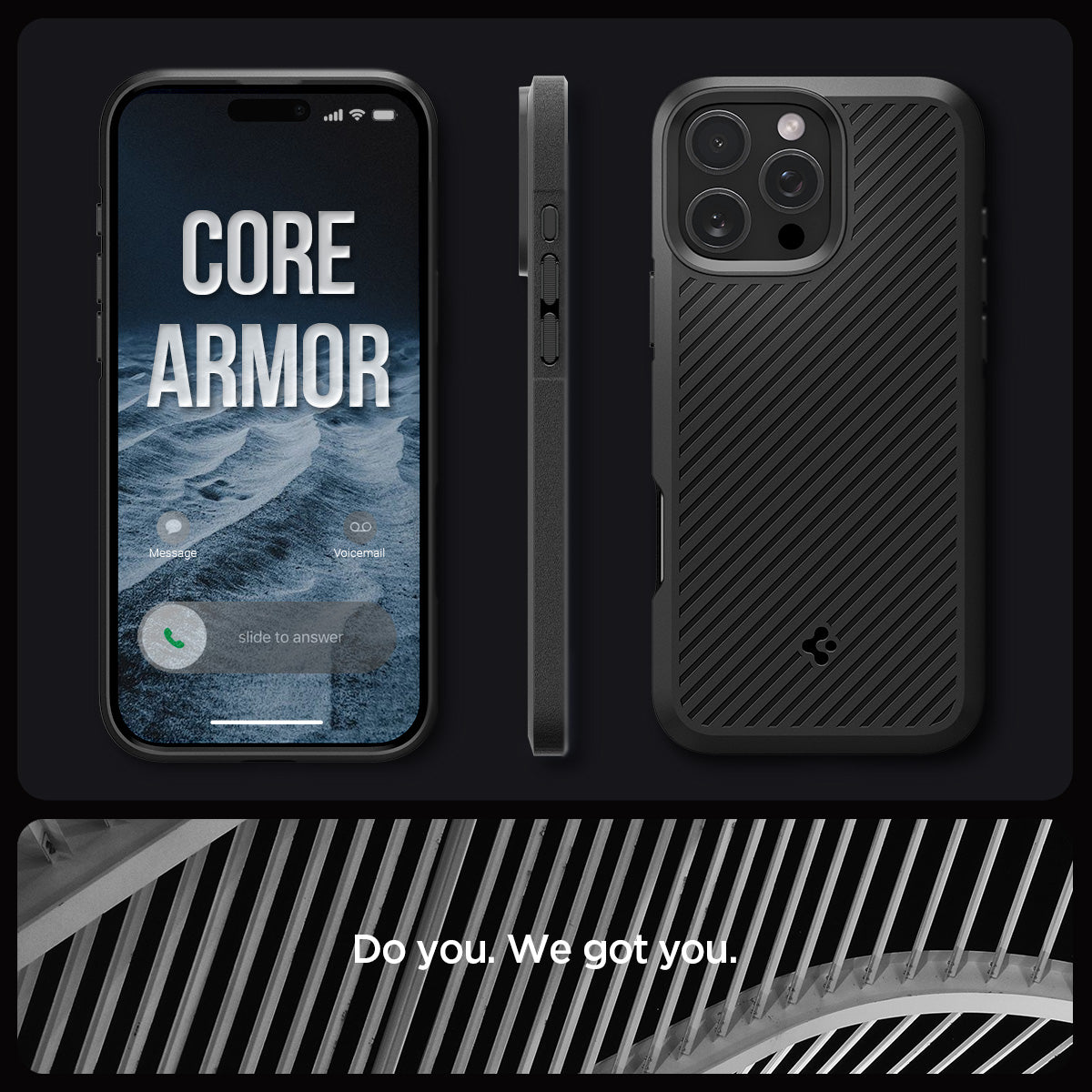 ACS08157 - iPhone 16 Pro Case Core Armor in Matte Black showing the different angles