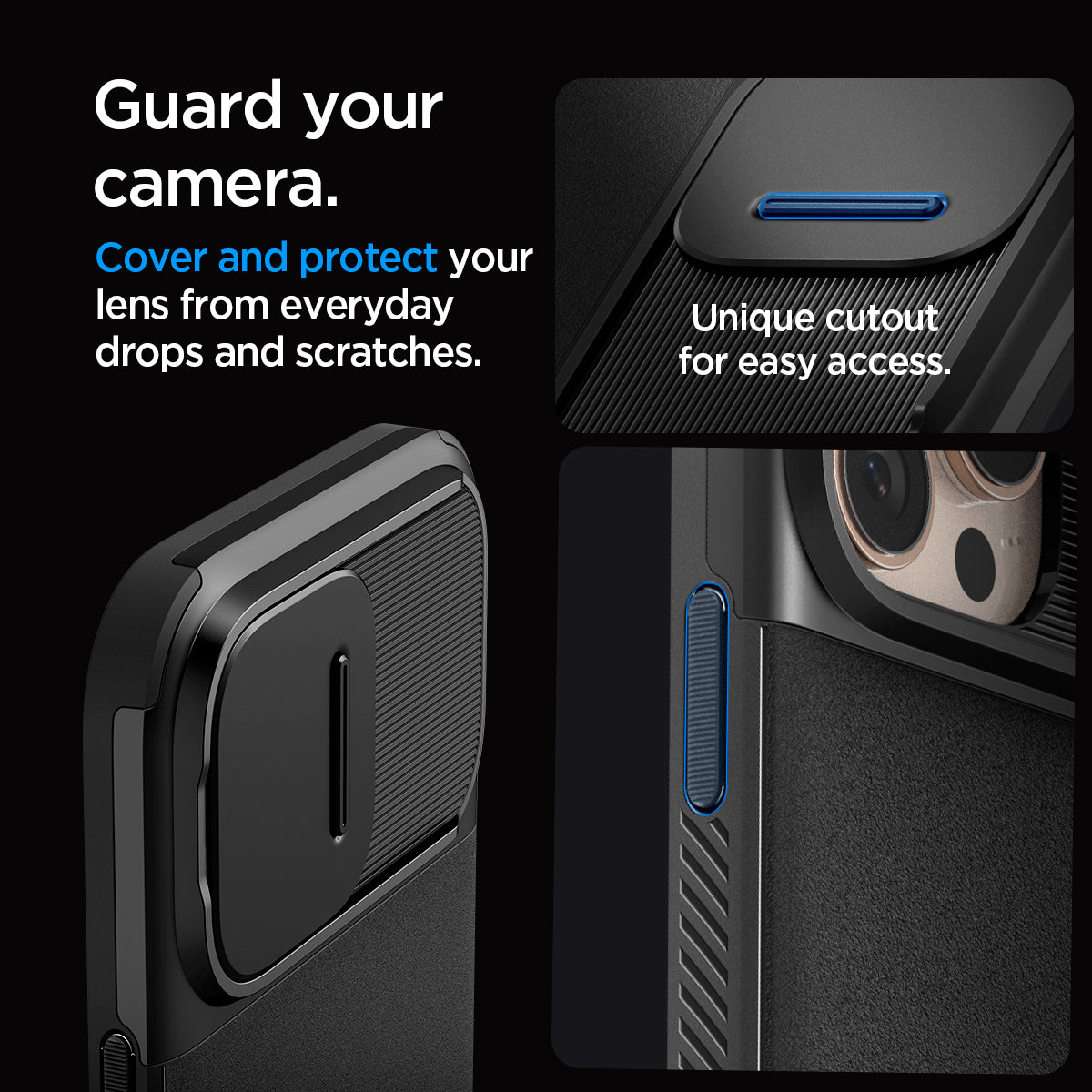 ACS08015 - iPhone 16 Pro Max Case Optik Armor (MagFit) in Black showing the unique cutout for easy access. Cover and protect your lens from everyday drops and scratches