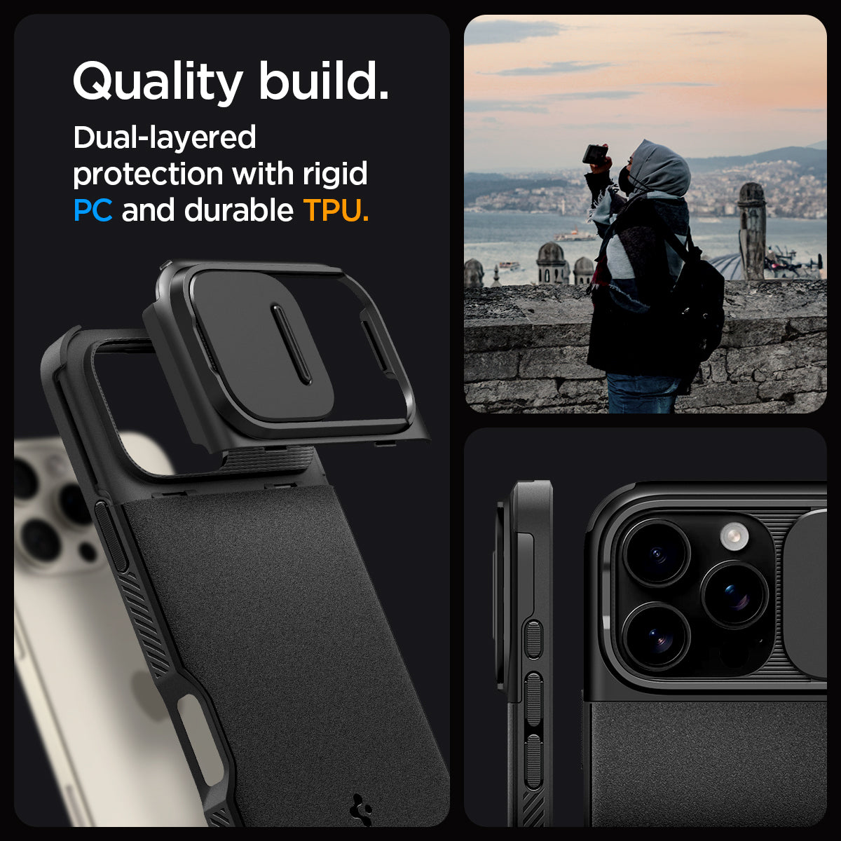 ACS08015 - iPhone 16 Pro Max Case Optik Armor (MagFit) in Black showing the quality build. Dual-layered protection with rigid PC and durable TPU