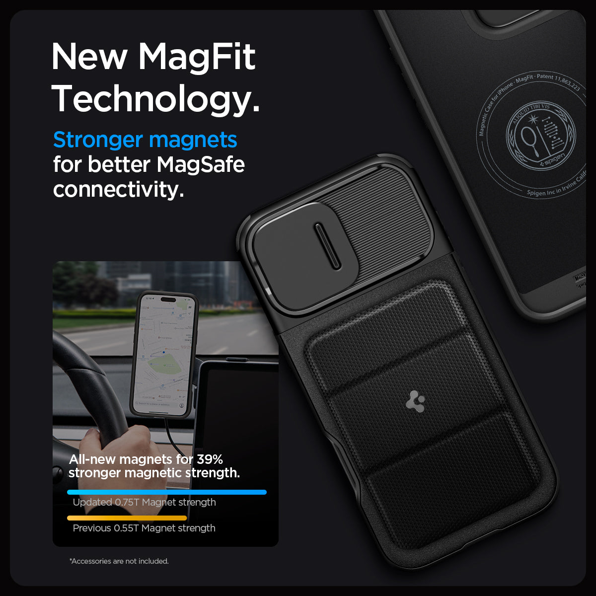 ACS08015 - iPhone 16 Pro Max Case Optik Armor (MagFit) in Black showing the new magfit technology. Stronger magnet for better magsafe connectivity. All-new magnets for 39% stronger magnetic strength