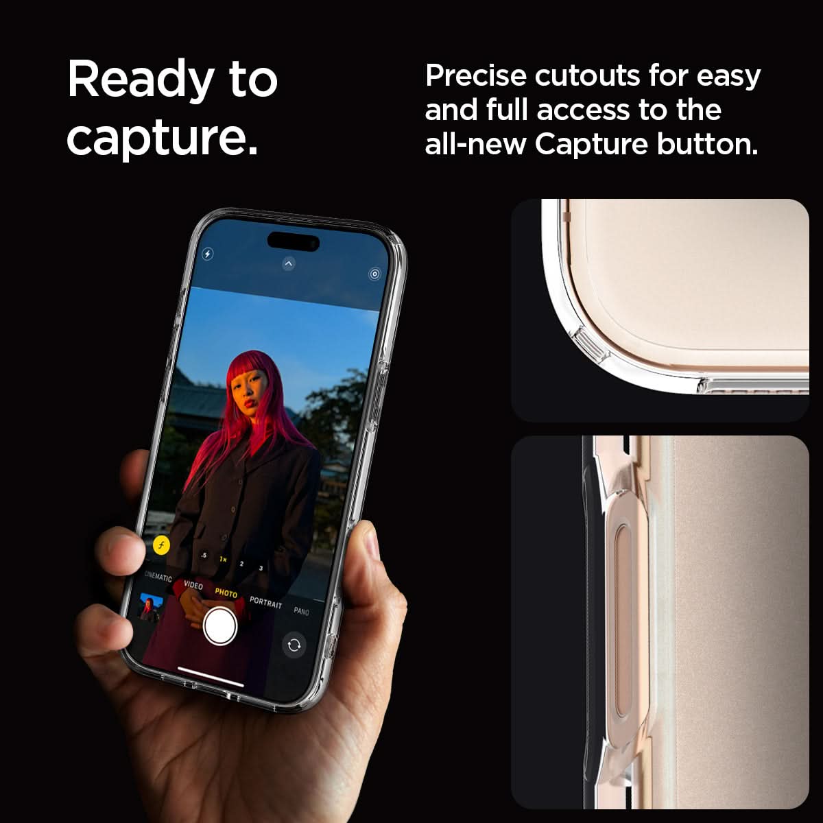 ACS07993 - iPhone 16 Pro Max Case Ultra Hybrid in Frost Clear ready to capture. precise cutouts for easy and full access to the all new capture button.