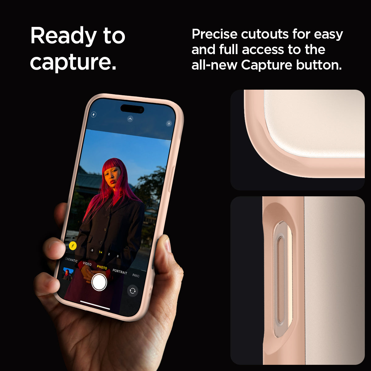 ACS08688 - iPhone 16 Pro Max Case Ultra Hybrid in Rose Titanium ready to capture. precise cutouts for easy and full access to the all new capture button.