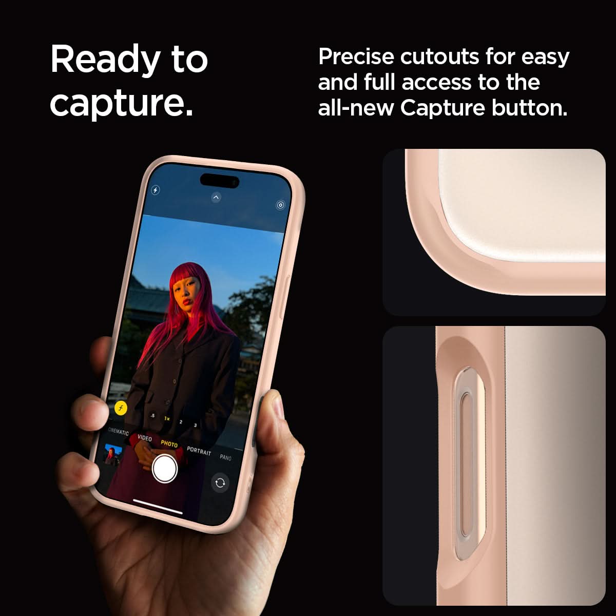 ACS08688 - iPhone 16 Pro Max Case Ultra Hybrid in Rose Titanium ready to capture. precise cutouts for easy and full access to the all new capture button.