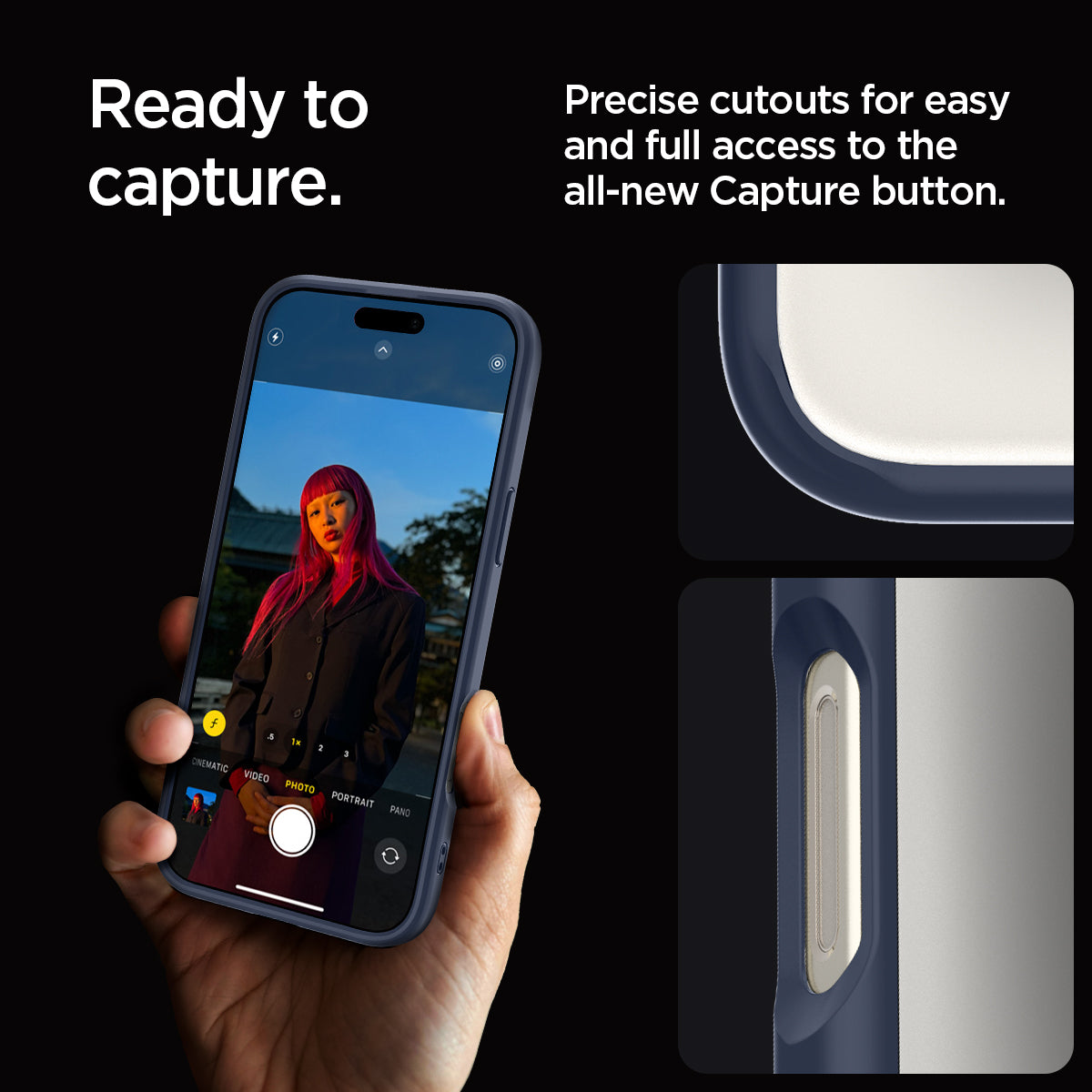 ACS08126 - iPhone 16 Pro Case Ultra Hybrid in Navy Blue ready to capture. precise cutouts for easy and full access to the all new capture button.