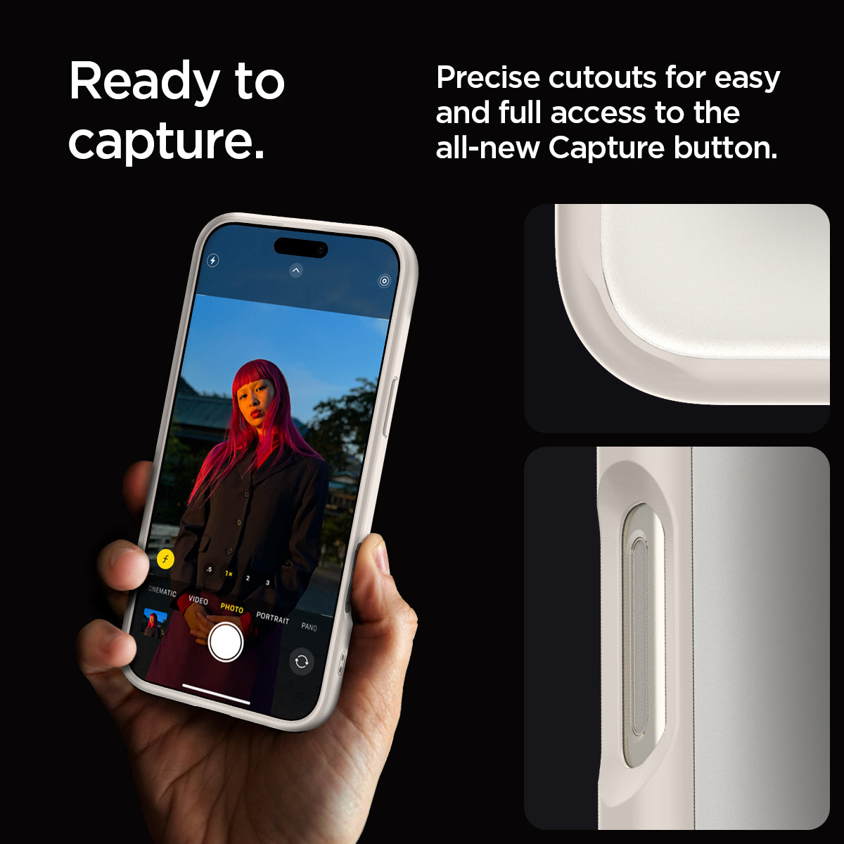 ACS08385 - iPhone 16 Pro Max Case Ultra Hybrid in Natural Titanium ready to capture. precise cutouts for easy and full access to the all new capture button.