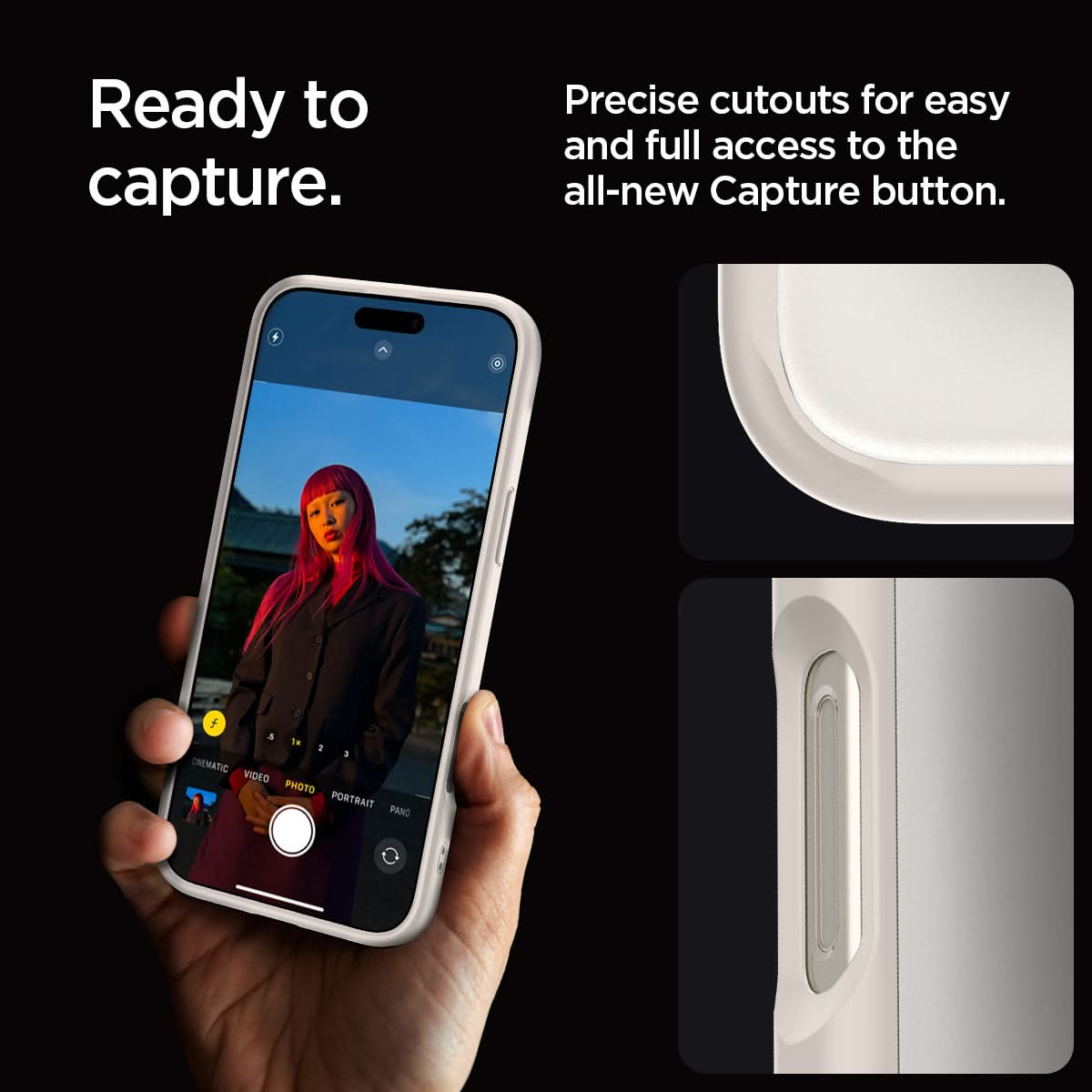 ACS08385 - iPhone 16 Pro Max Case Ultra Hybrid in Natural Titanium ready to capture. precise cutouts for easy and full access to the all new capture button.