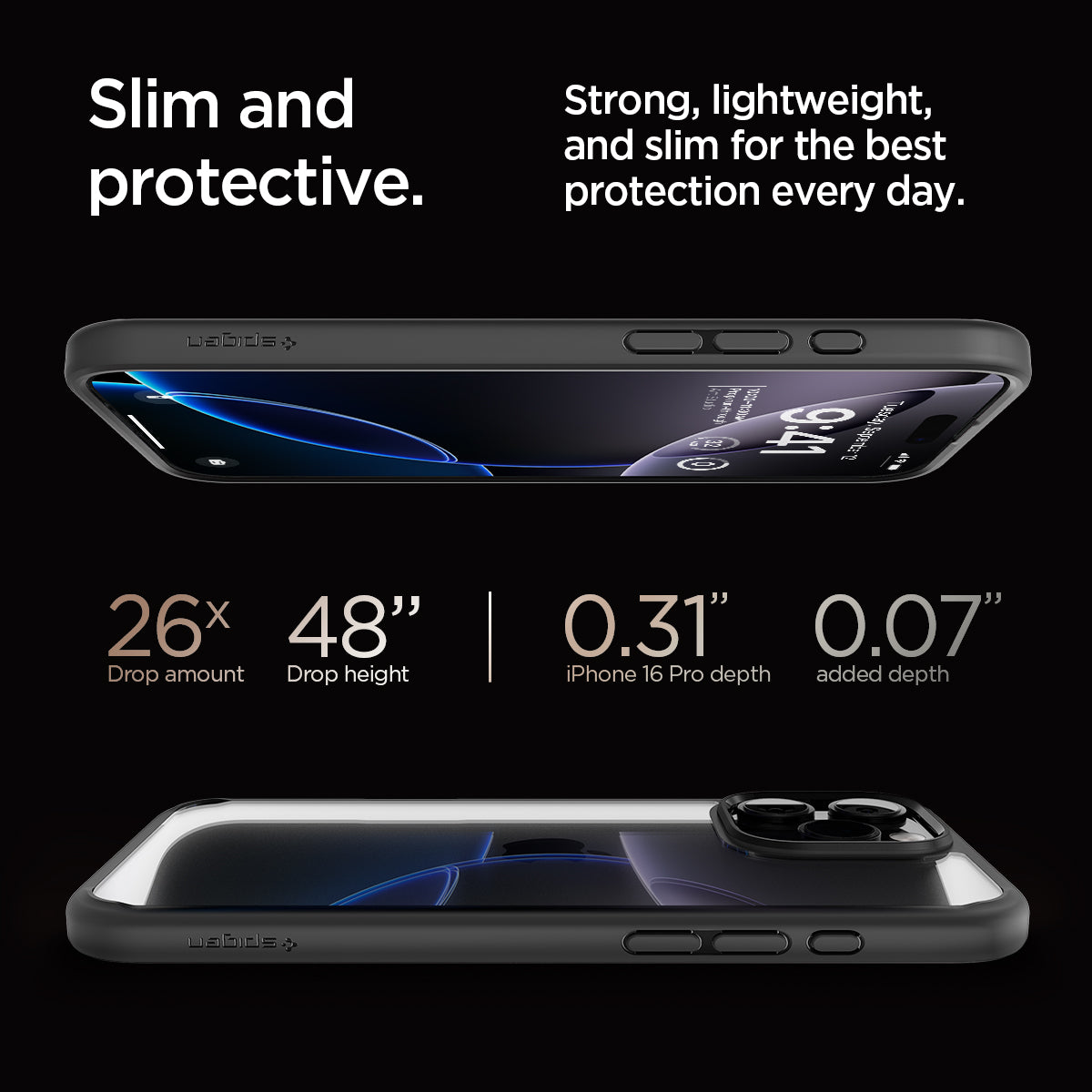 ACS08125 - iPhone 16 Pro Case Ultra Hybrid in Matte Black slim and protective. strong, lightweight, and slim for the best protection every day. 26x drop amount, 48" drop height, 0.31" iPhone 16 pro max depth, 0.07" added depth.