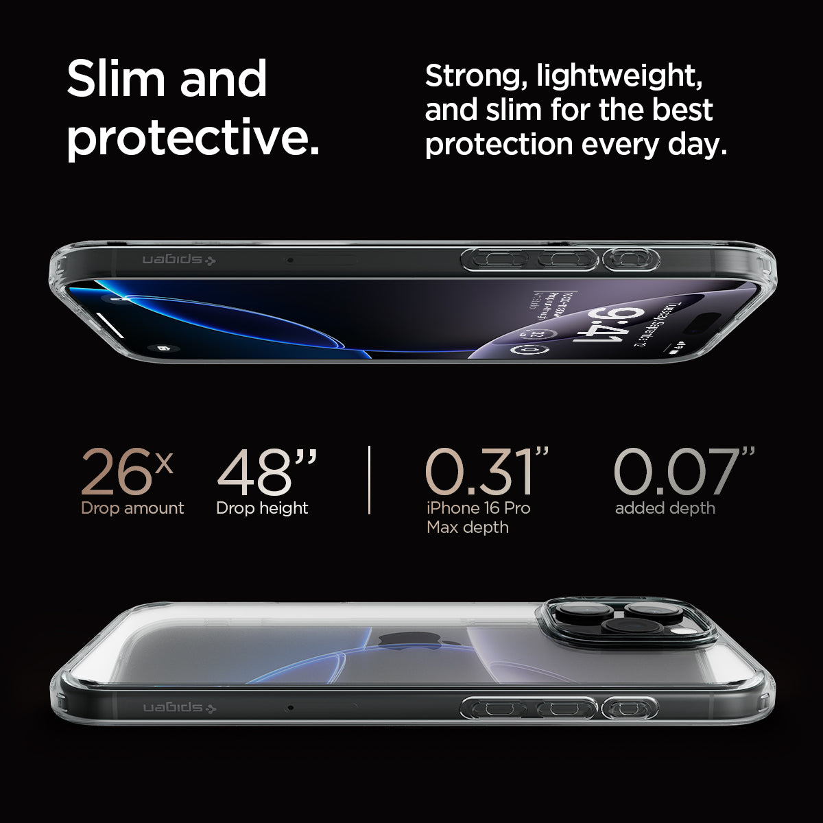 ACS07994 - iPhone 16 Pro Max Case Ultra Hybrid in Space Crystal slim and protective. strong, lightweight, and slim for the best protection every day. 26x drop amount, 48" drop height, 0.31" iPhone 16 pro max depth, 0.07" added depth.