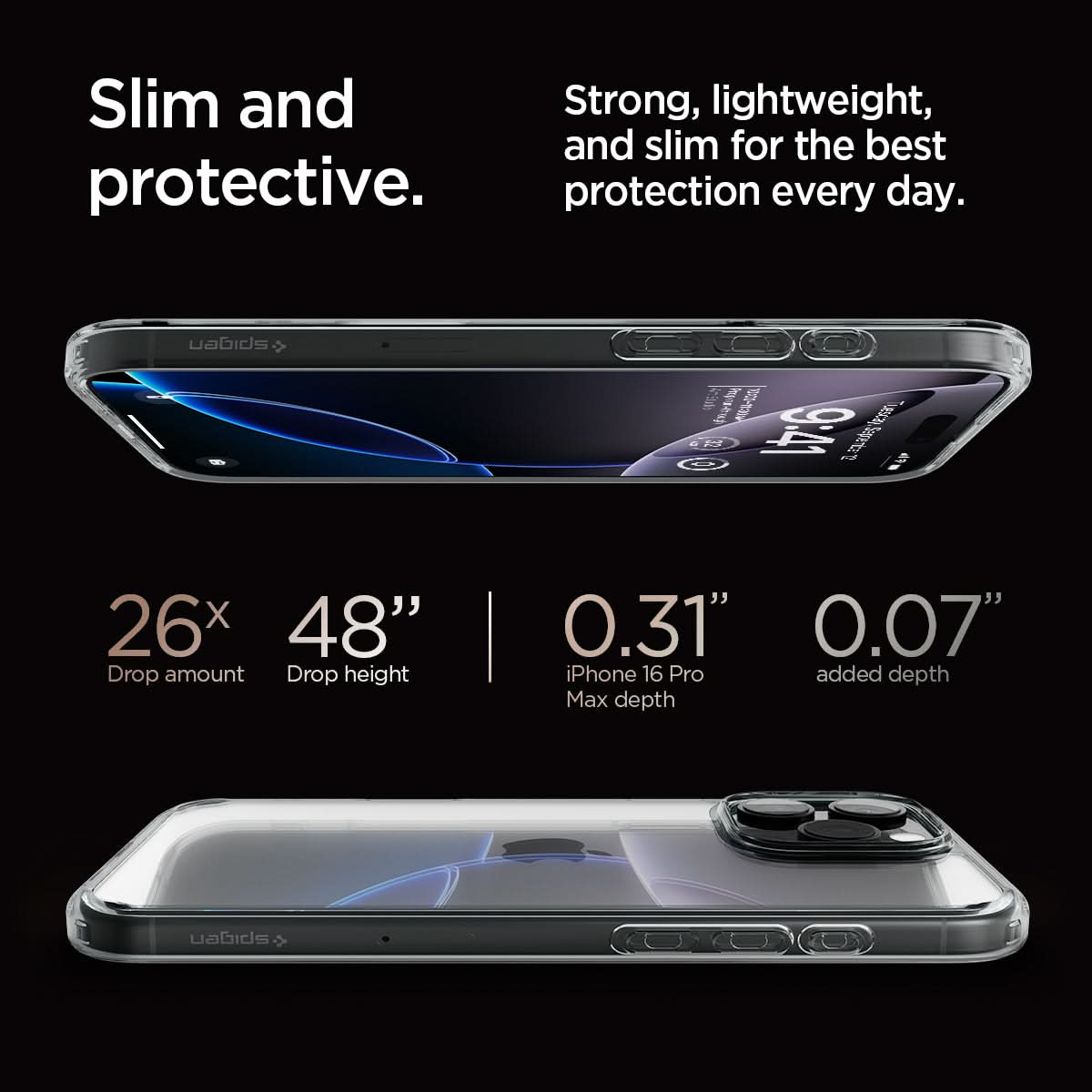 ACS07994 - iPhone 16 Pro Max Case Ultra Hybrid in Space Crystal slim and protective. strong, lightweight, and slim for the best protection every day. 26x drop amount, 48" drop height, 0.31" iPhone 16 pro max depth, 0.07" added depth.