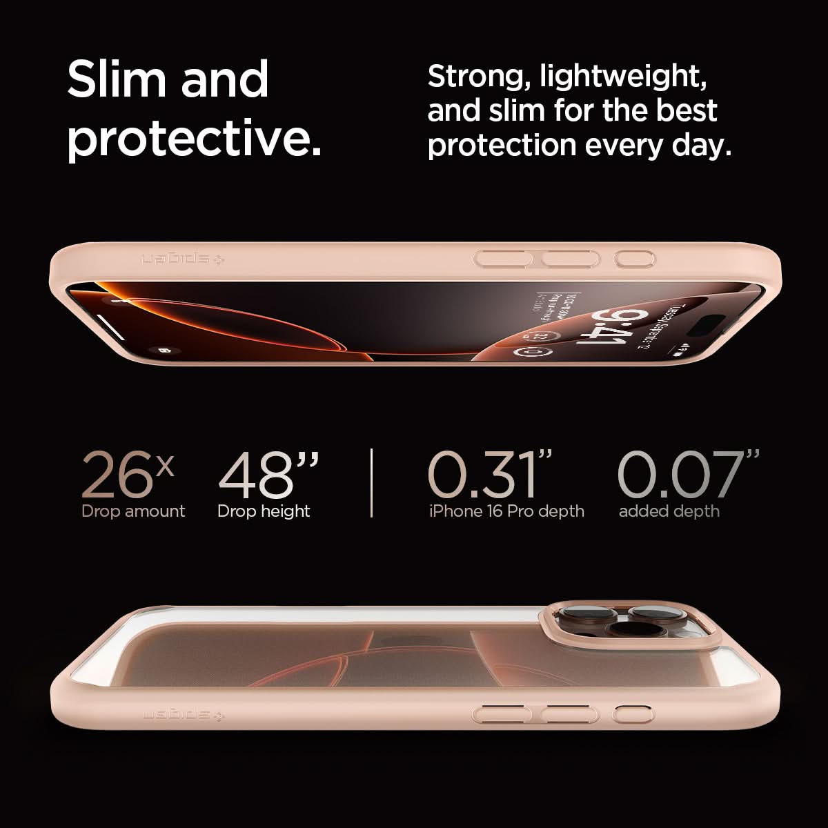 ACS08693 - iPhone 16 Pro Case Ultra Hybrid in Rose Titanium slim and protective. strong, lightweight, and slim for the best protection every day. 26x drop amount, 48" drop height, 0.31" iPhone 16 pro max depth, 0.07" added depth.
