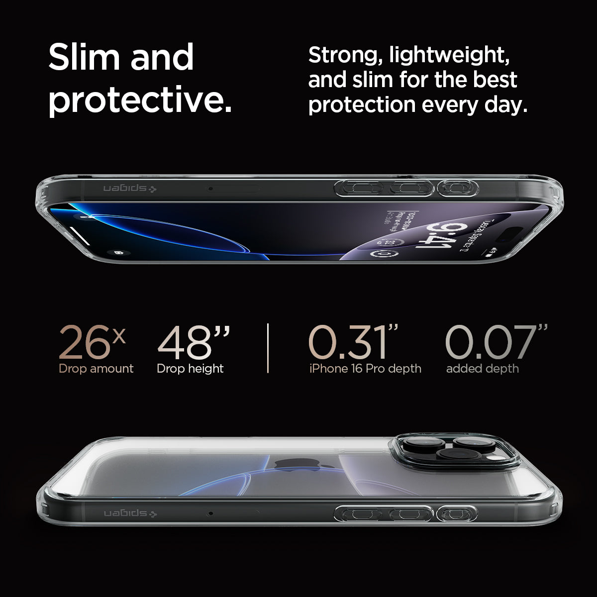 ACS08123 - iPhone 16 Pro Case Ultra Hybrid in Space Crystal slim and protective. strong, lightweight, and slim for the best protection every day. 26x drop amount, 48" drop height, 0.31" iPhone 16 pro max depth, 0.07" added depth.