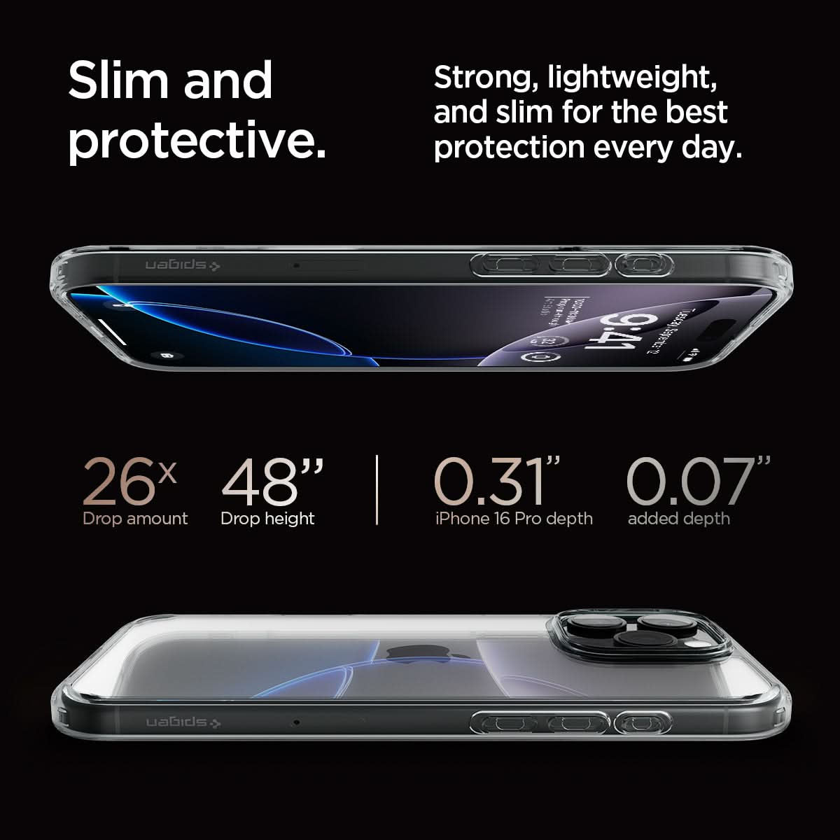 ACS08123 - iPhone 16 Pro Case Ultra Hybrid in Space Crystal slim and protective. strong, lightweight, and slim for the best protection every day. 26x drop amount, 48" drop height, 0.31" iPhone 16 pro max depth, 0.07" added depth.