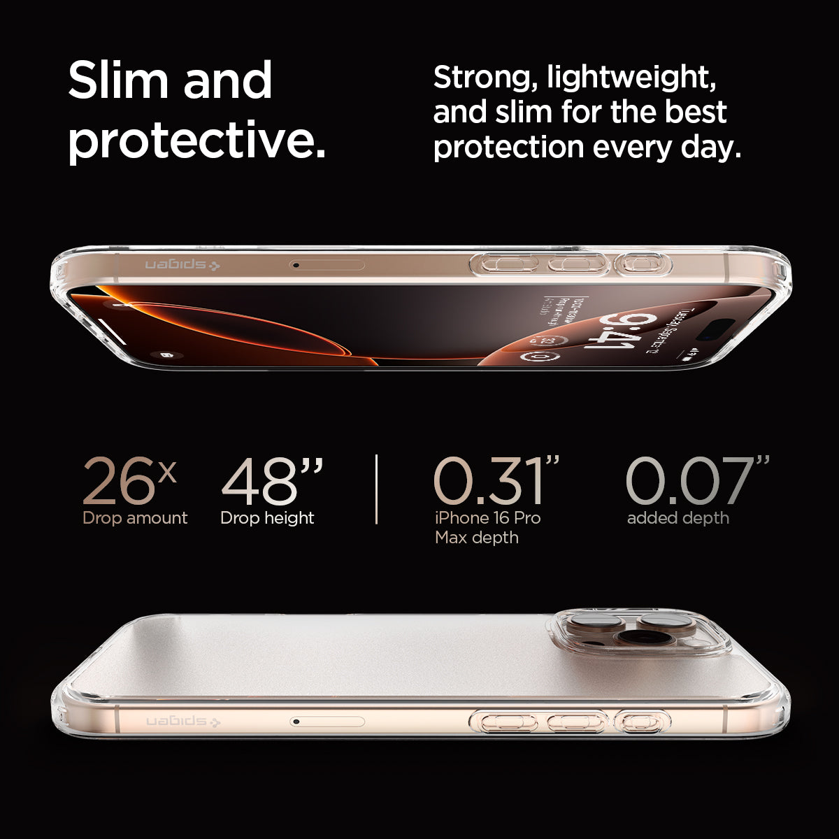 ACS07993 - iPhone 16 Pro Max Case Ultra Hybrid in Frost Clear slim and protective. strong, lightweight, and slim for the best protection every day. 26x drop amount, 48" drop height, 0.31" iPhone 16 pro max depth, 0.07" added depth.
