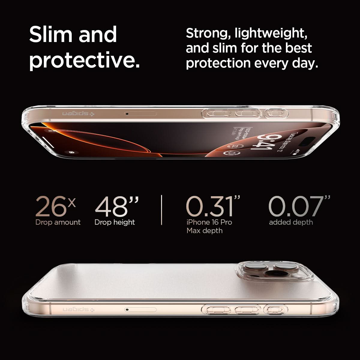 ACS07993 - iPhone 16 Pro Max Case Ultra Hybrid in Frost Clear slim and protective. strong, lightweight, and slim for the best protection every day. 26x drop amount, 48" drop height, 0.31" iPhone 16 pro max depth, 0.07" added depth.
