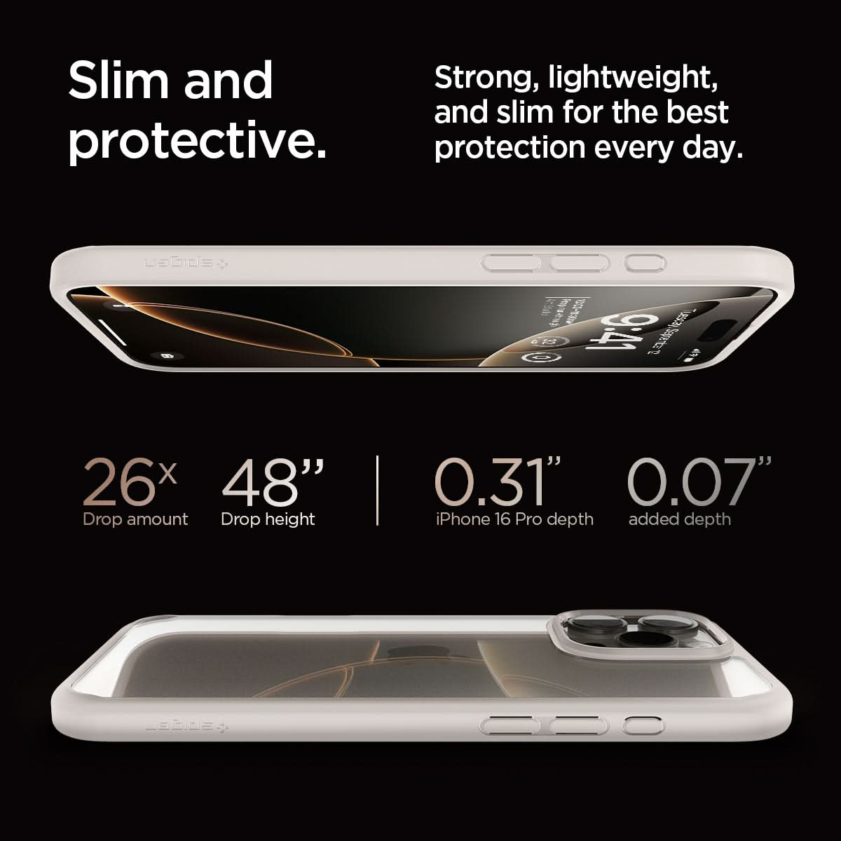 ACS08127 - iPhone 16 Pro Case Ultra Hybrid in Natural Titanium slim and protective. strong, lightweight, and slim for the best protection every day. 26x drop amount, 48" drop height, 0.31" iPhone 16 pro max depth, 0.07" added depth.