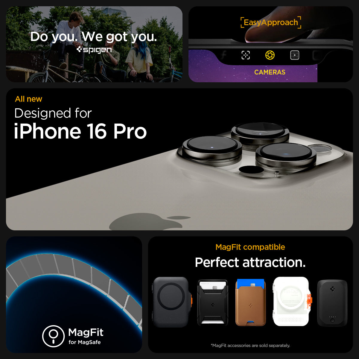 ACS08115 - iPhone 16 Pro Case Rugged Armor (MagFit) in Matte Black showing the EasyApproach. MagFit compatible. Compatibility only with iPhone 16 Pro