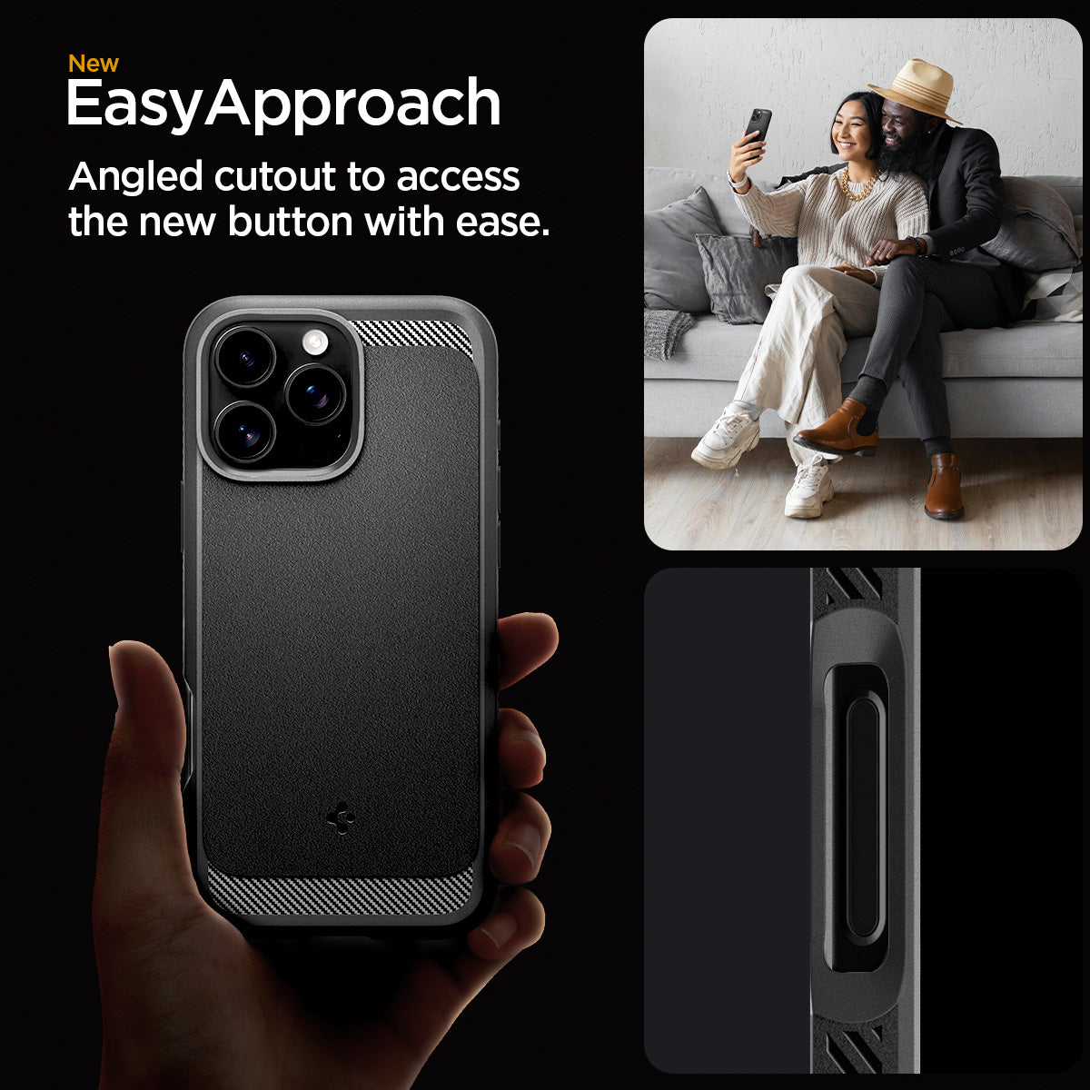 ACS08115 - iPhone 16 Pro Case Rugged Armor (MagFit) in Matte Black showing the new easyapproach. Angled cutout to access the new button with ease