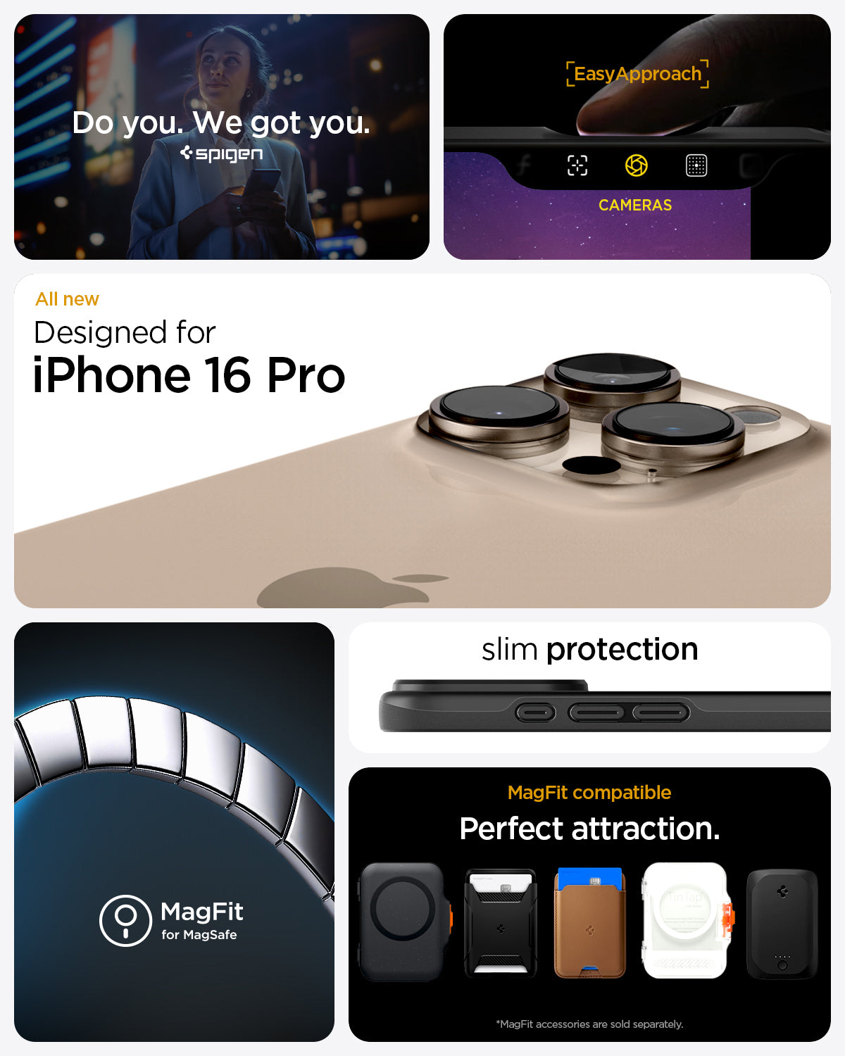 ACS08106 - iPhone 16 Pro Case Thin Fit (MagFit) in Black do you. we got you. spigen. All new designed for iPhone 16 Pro. Magfit for magsafe. slim protection. Magfit compatible perfect attraction.