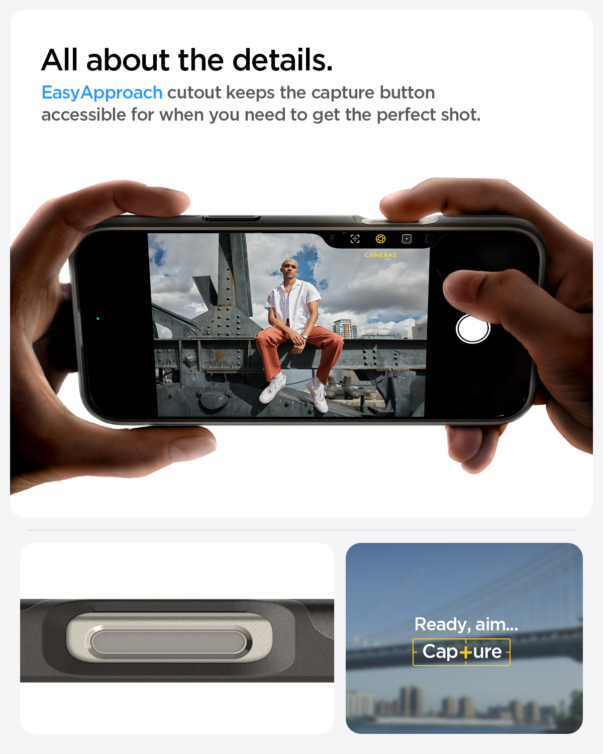 ACS08107 - iPhone 16 Pro Case Thin Fit (MagFit) in Gunmetal all about the details. easy approach cutout keeps the capture button accessible for when you need to get the perfect shot.