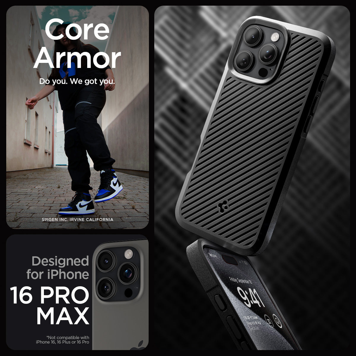 ACS08023 - iPhone 16 Pro Max Case Core Armor in Matte Black showing the compatibility with iPhone 146 Pro Max. Not compatible with iPhone 16, 16 Plus or 16 Pro
