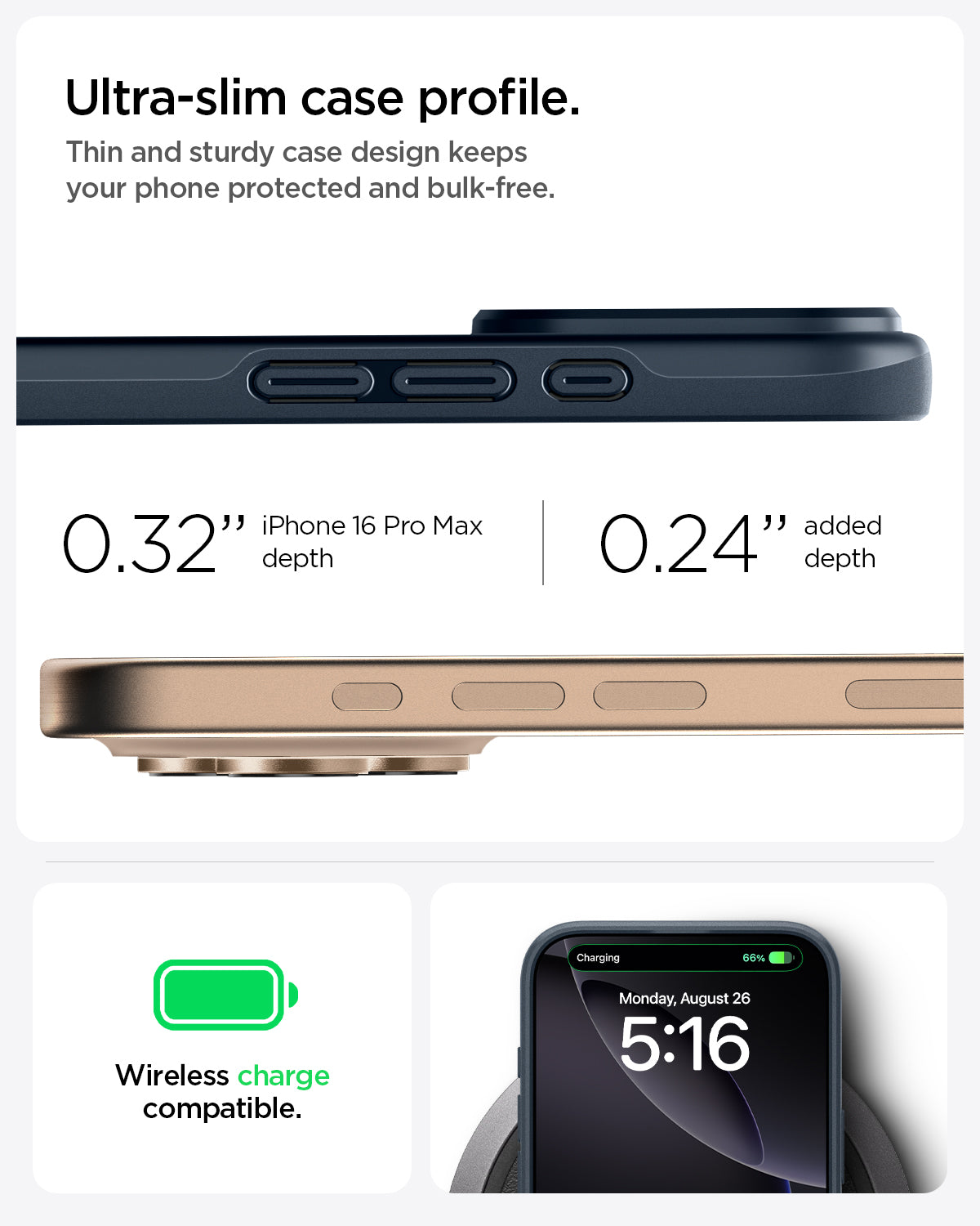 ACS07980 - iPhone 16 Pro Max Case Thin Fit (MagFit) in Metal Slate ultra slim case profile. Thin and sturdy case design keeps your phone protected and bulk free. 0.32" iPhone 16 Pro Max depth. 0.24" added depth. wireless charge compatible.