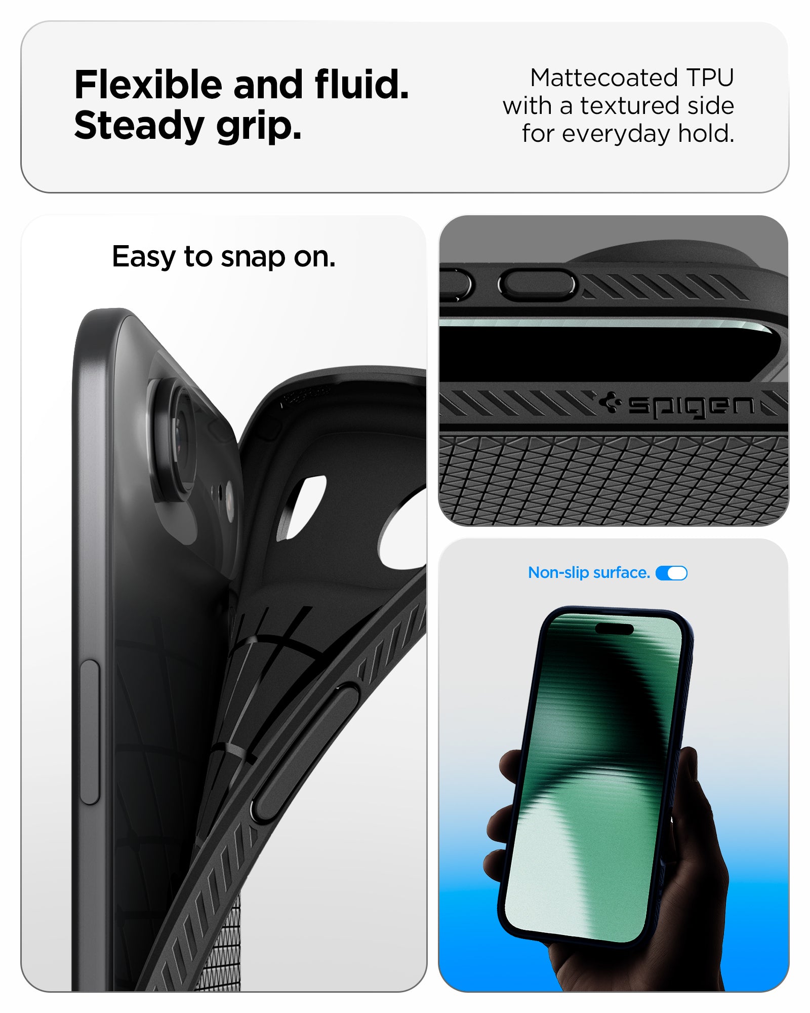 ACS09922 - iPhone 17 Air Liquid Air in Matte Black showing flexible and fluid steady grip. mattecoated TPU with a textured side for everyday hold.