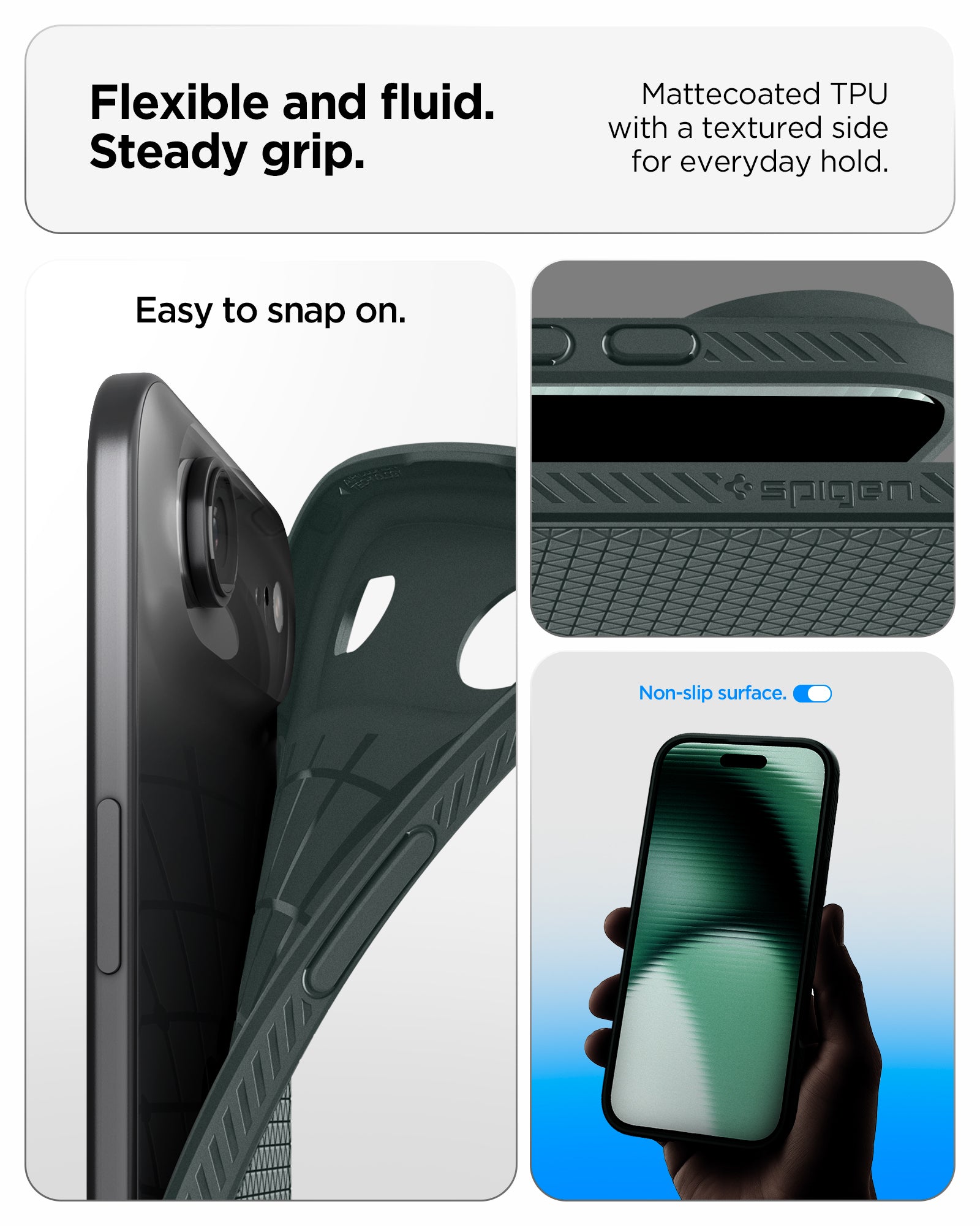 ACS09924 - iPhone 17 Air Liquid Air in Abyss Green showing flexible and fluid steady grip. mattecoated TPU with a textured side for everyday hold.