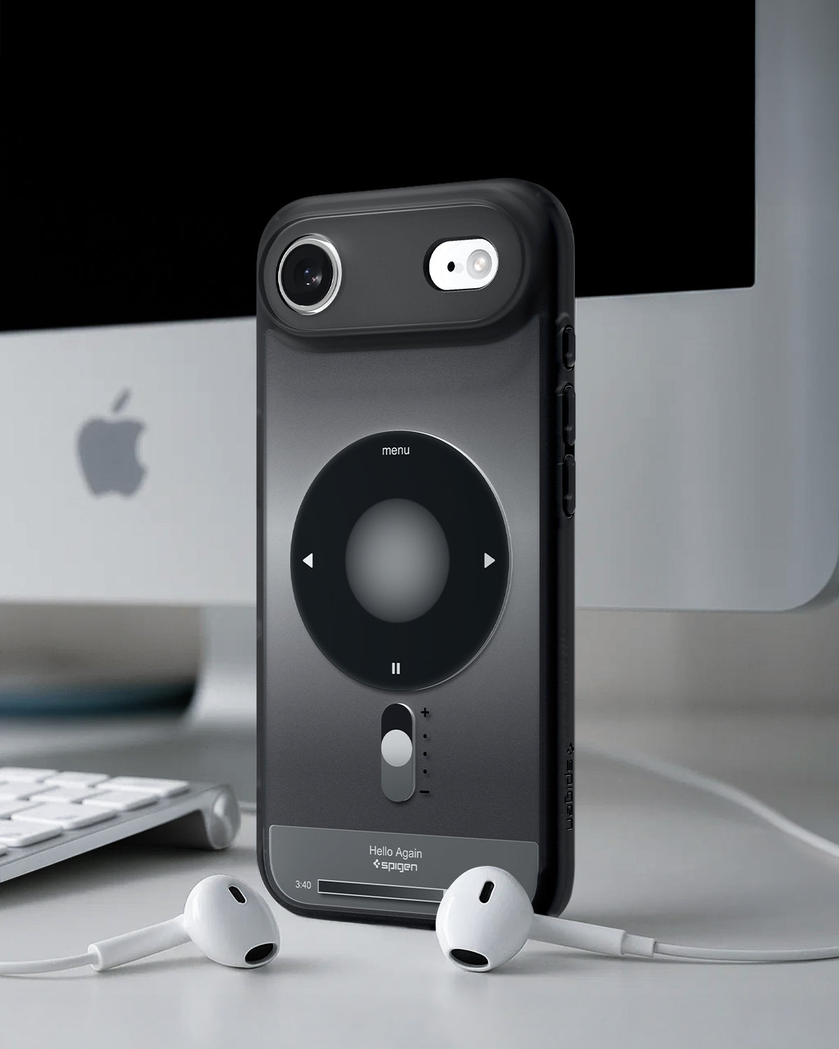ACS10061 - iPhone 17 Air Ultra Hybrid Classic (MagFit) in Classic Black showing back of the case with airpods