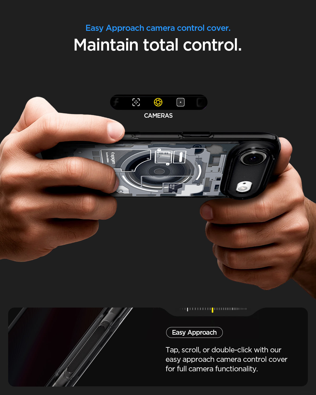 ACS10056 - iPhone 17 Air Ultra Hybrid Zero One (MagFit) in Zero One White showing easy approach camera control cover. Maintain total control. Tap, scroll, or double click with out east approach camera control cover for full camera functionality.