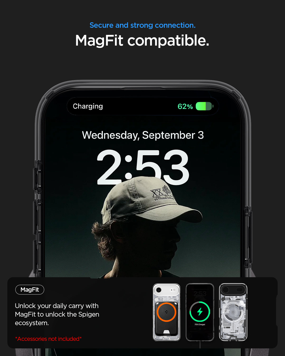 ACS10056 - iPhone 17 Air Ultra Hybrid Zero One (MagFit) in Zero One White showing secure and strong connection. magfit compatible. unlock your daily carry with magfit to unlock the spigen ecosystem.
