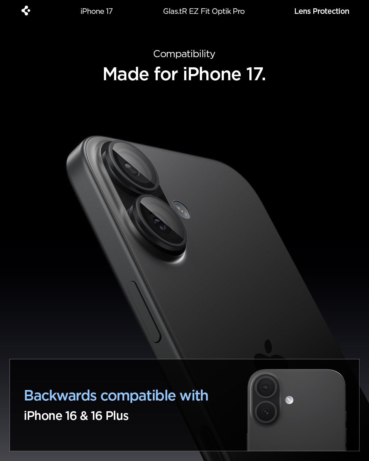 AGL07921 - iPhone 17 Optik Pro EZ Fit Lens Protector showing the compatibility. Made for the iPhone 17