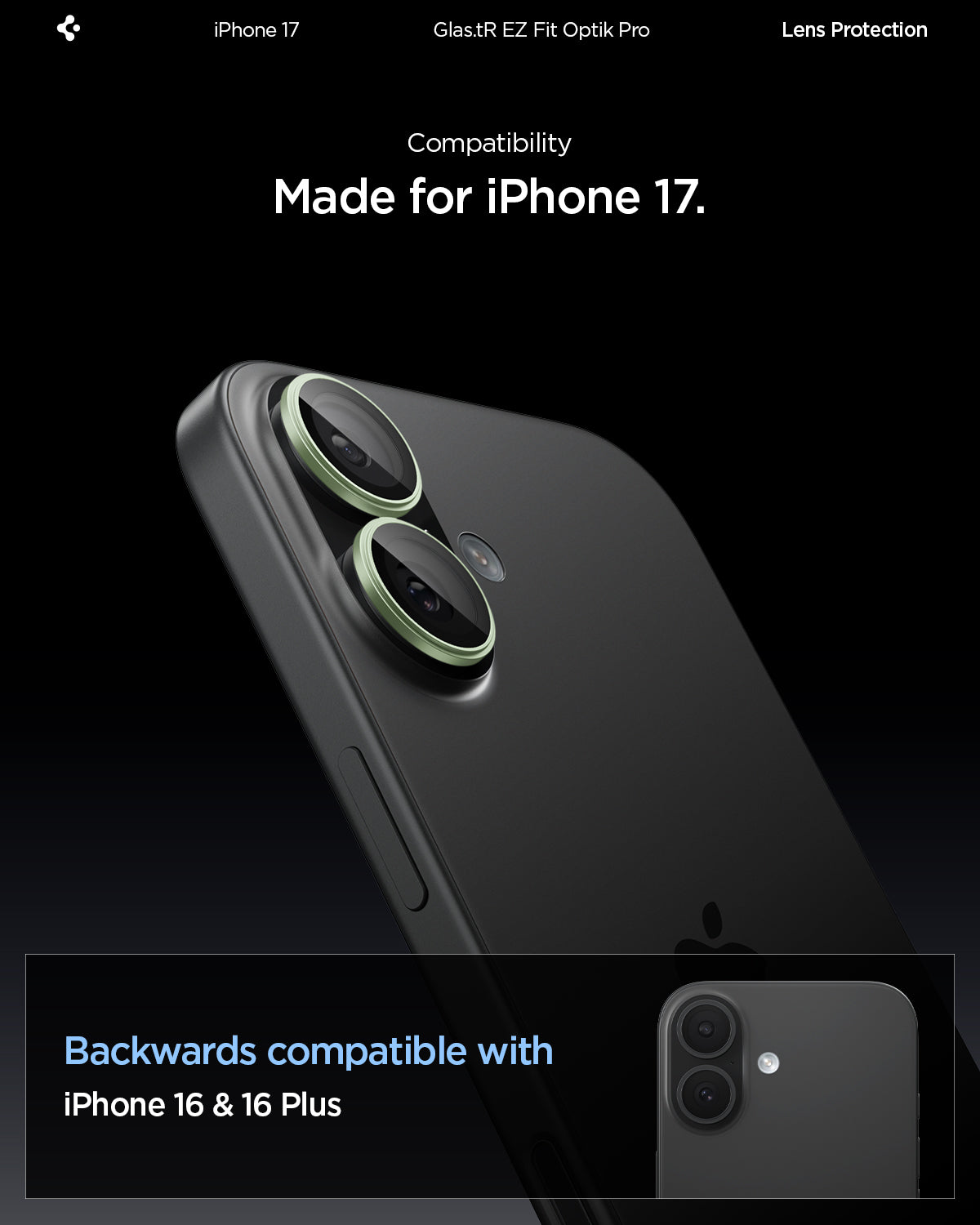 AGL10128 - iPhone 17 Optik Pro EZ Fit Lens Protector showing the compatibility. Made for the iPhone 17