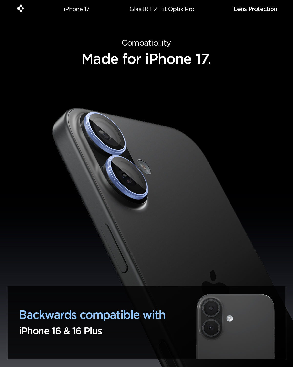 AGL10129 - iPhone 17 Optik Pro EZ Fit Lens Protector showing the compatibility. Made for the iPhone 17
