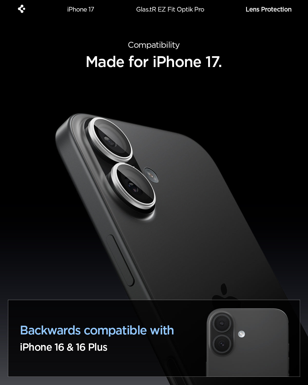AGL10126 - iPhone 17 Optik Pro EZ Fit Lens Protector showing the compatibility. Made for the iPhone 17