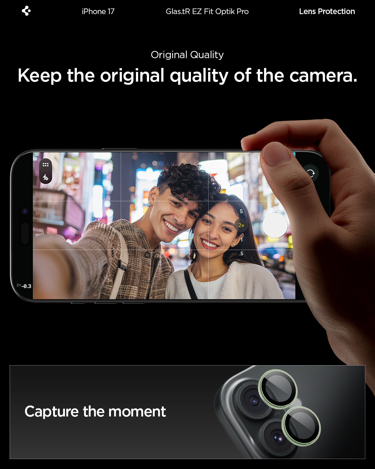 AGL10128 - iPhone 17 Optik Pro EZ Fit Lens Protector showing the original quality. Keep the original quality of the camera and capture the moment