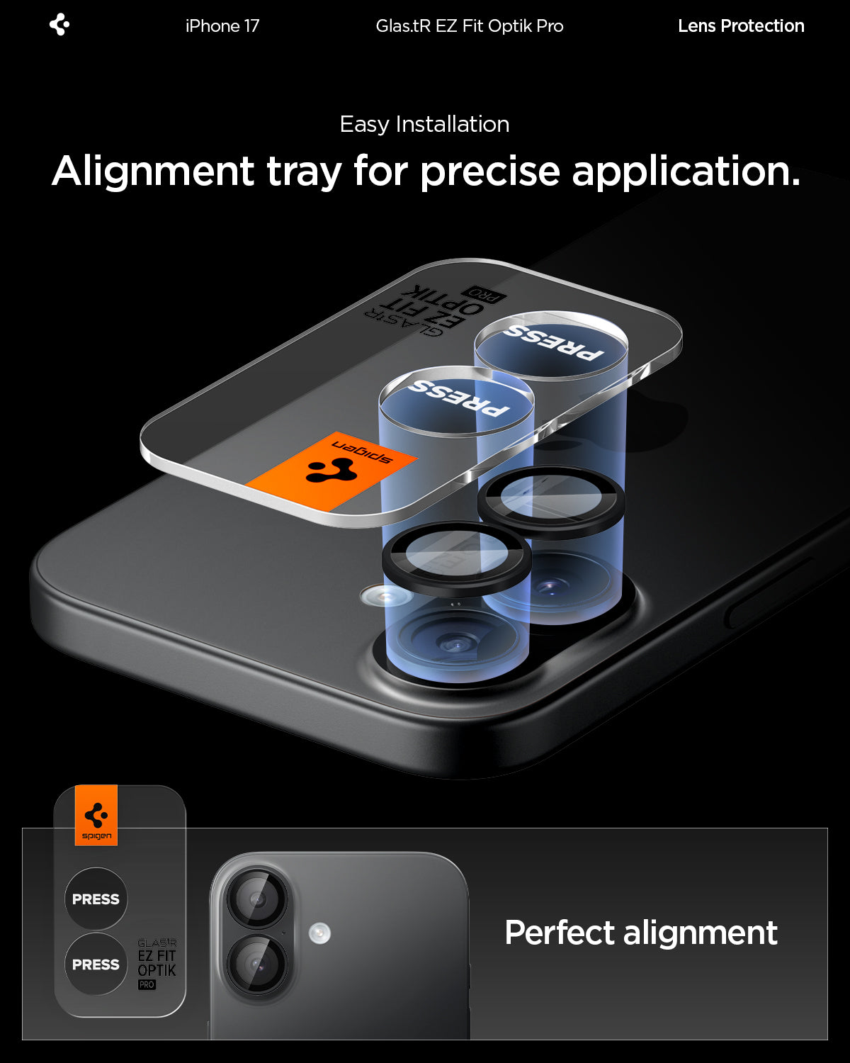 AGL07921 - iPhone 17 Optik Pro EZ Fit Lens Protector showing the easy installation. Alignment tray for precise application