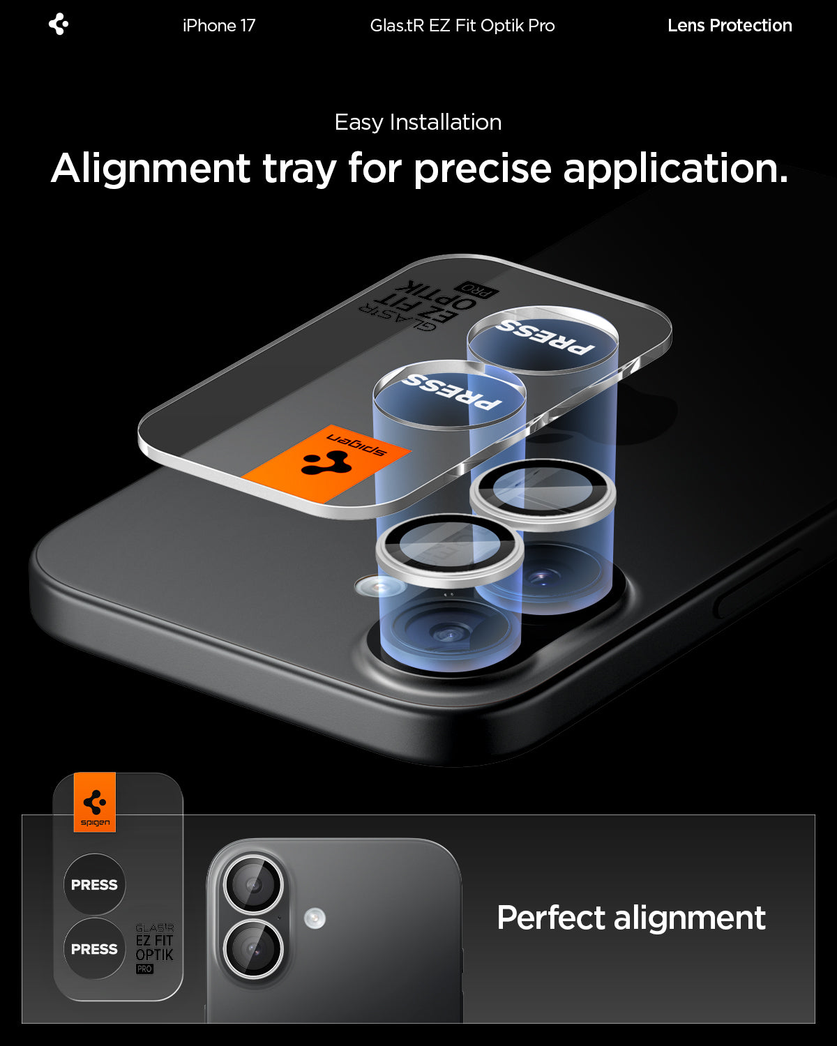 AGL10126 - iPhone 17 Optik Pro EZ Fit Lens Protector showing the easy installation. Alignment tray for precise application