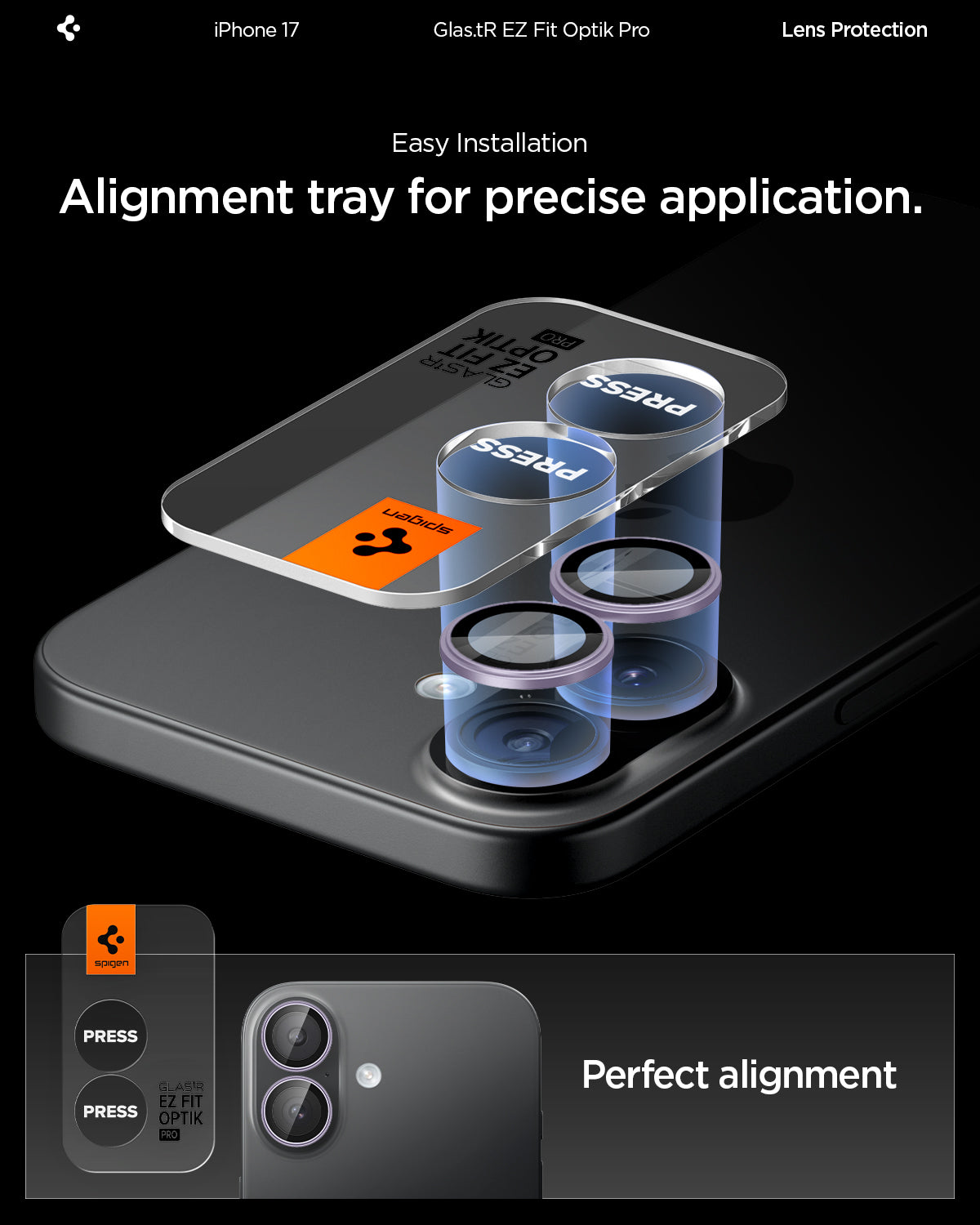 AGL10127 - iPhone 17 Optik Pro EZ Fit Lens Protector showing the easy installation. Alignment tray for precise application