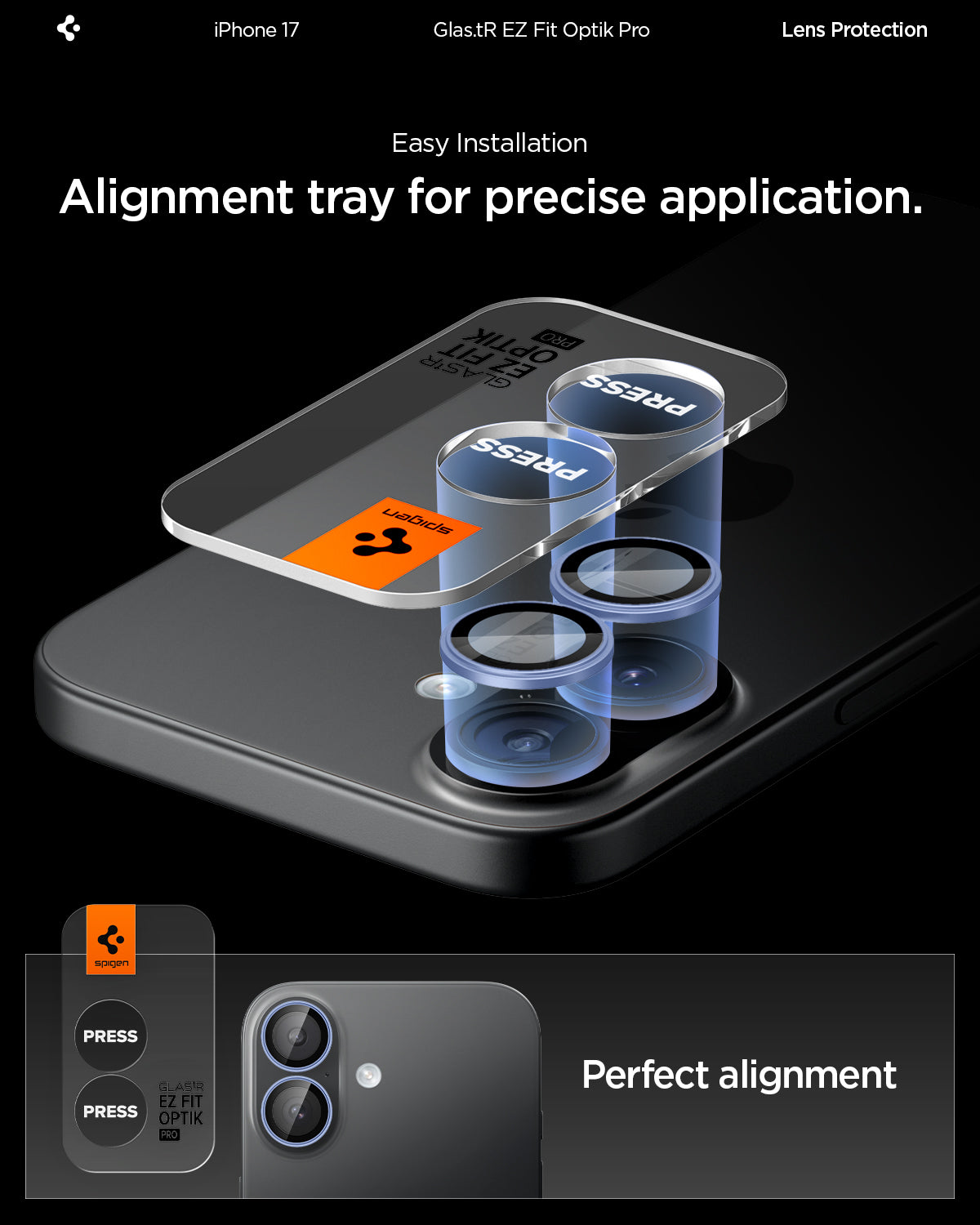 AGL10129 - iPhone 17 Optik Pro EZ Fit Lens Protector showing the easy installation. Alignment tray for precise application