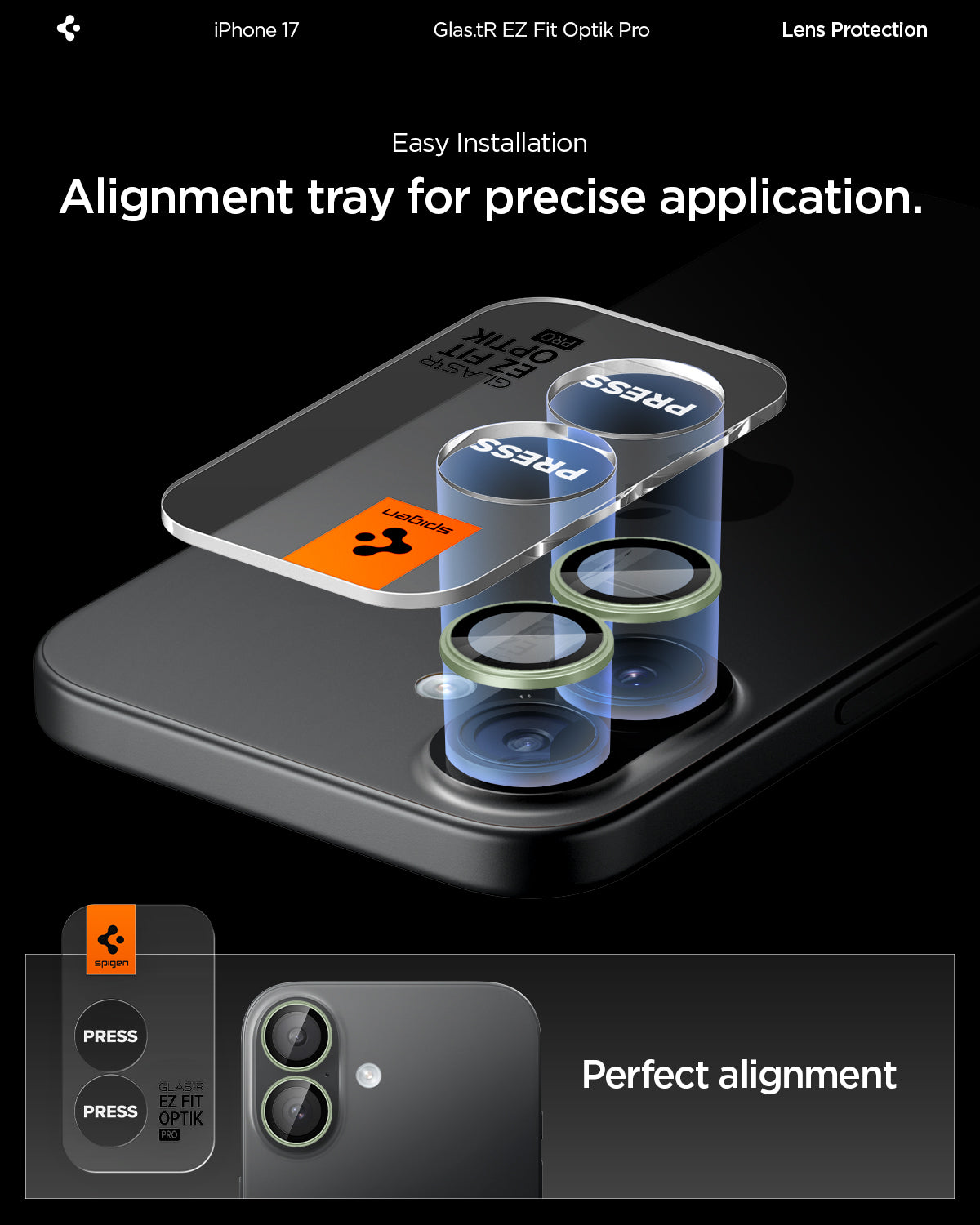 AGL10128 - iPhone 17 Optik Pro EZ Fit Lens Protector showing the easy installation. Alignment tray for precise application